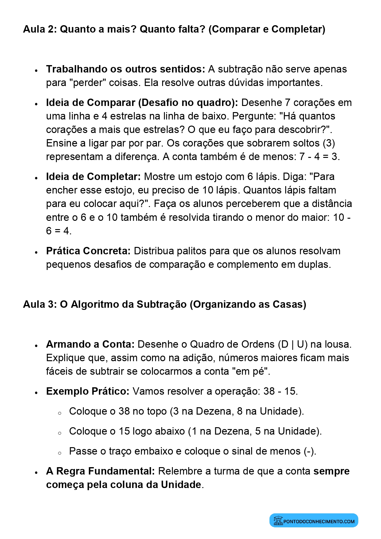 Plano de Aula Completo de Matemática 2º Ano Subtração
