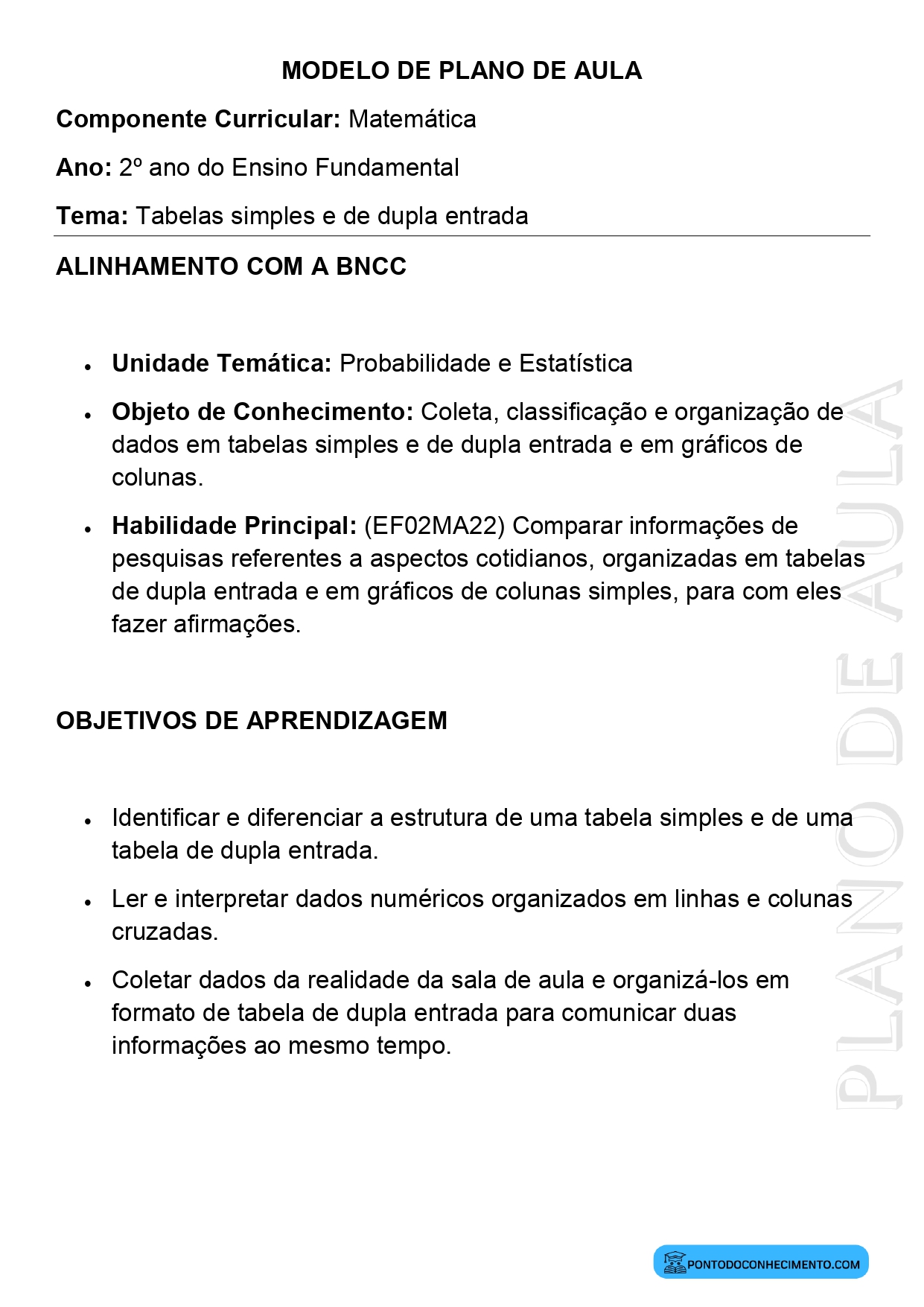 Modelo de Plano de Aula de Matemática para o 2º Ano do Ensino Fundamental sobre Tabelas Simples e de Dupla Entrada