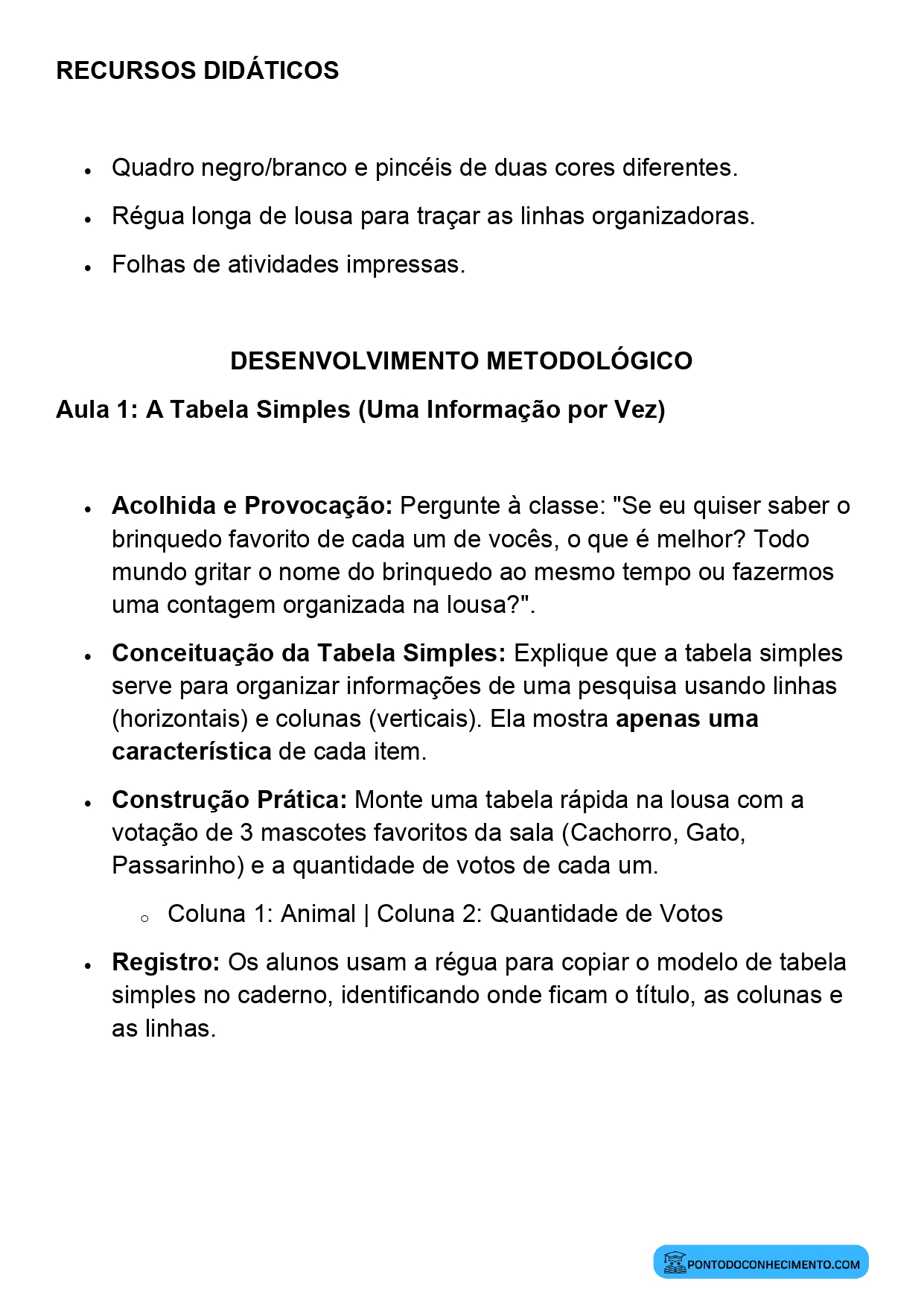 Plano de Aula Matemática 2º Ano Tabelas Simples e de Dupla Entrada