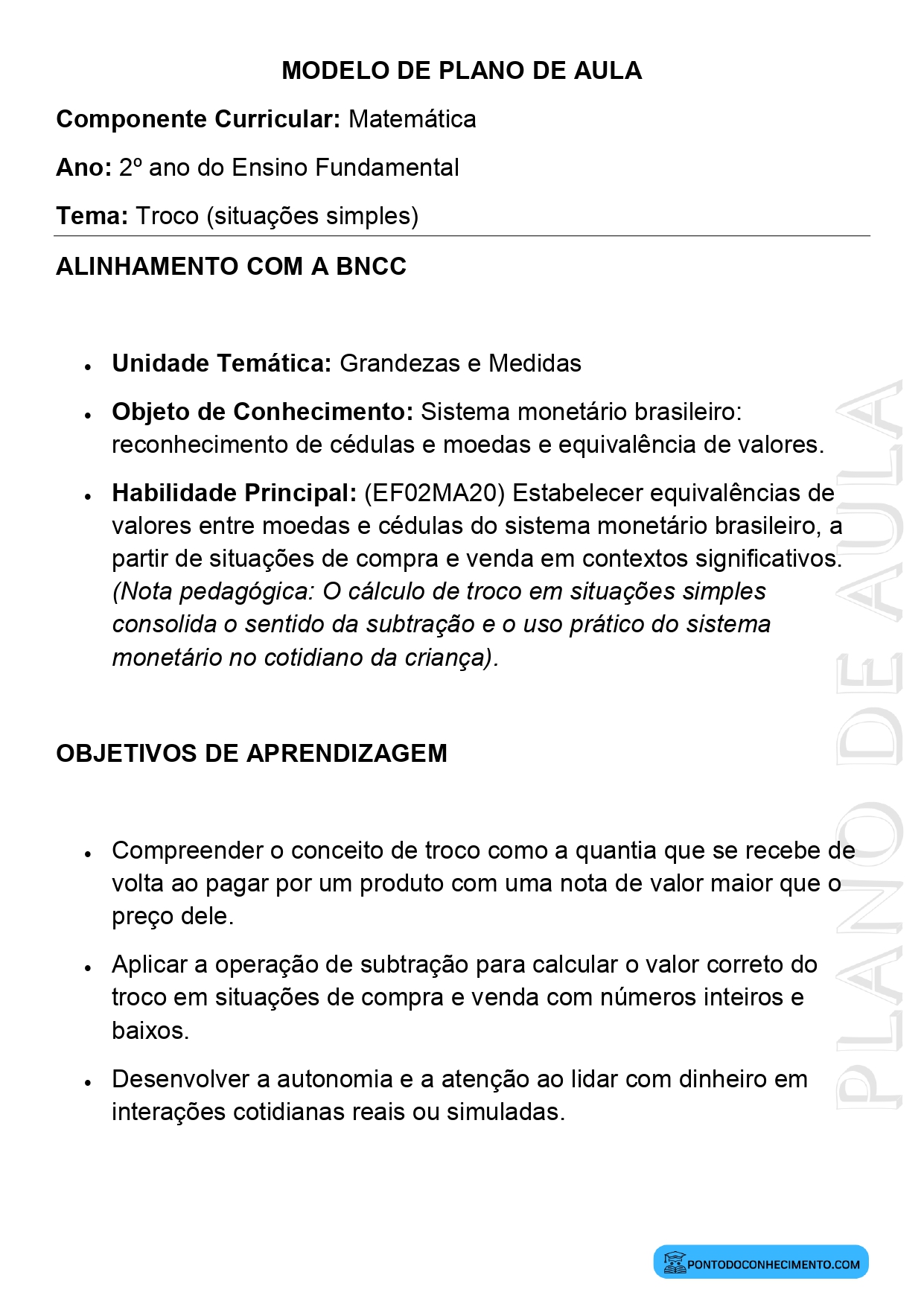 Modelo de Plano de Aula de Matemática para o 2º Ano do Ensino Fundamental sobre Troco Situações Simples