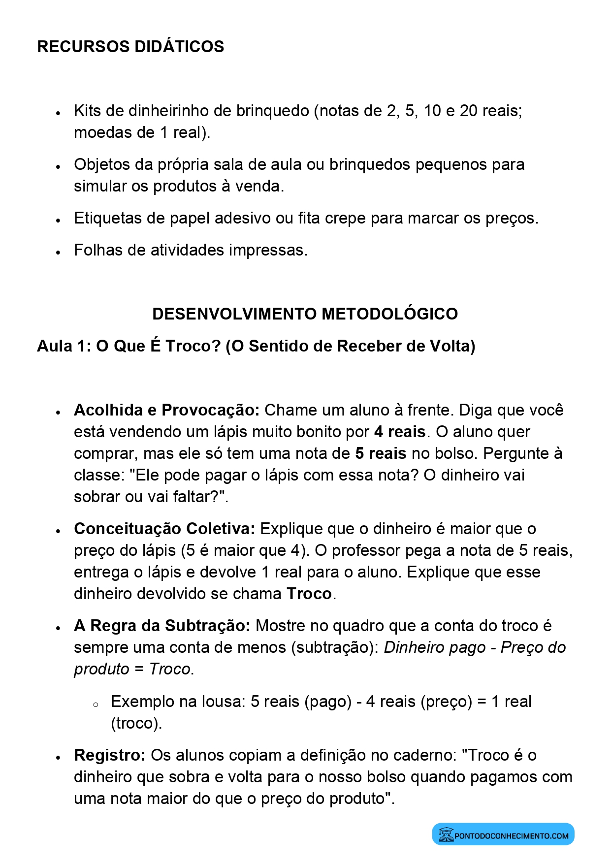 Plano de Aula Matemática 2º Ano Troco Situações Simples