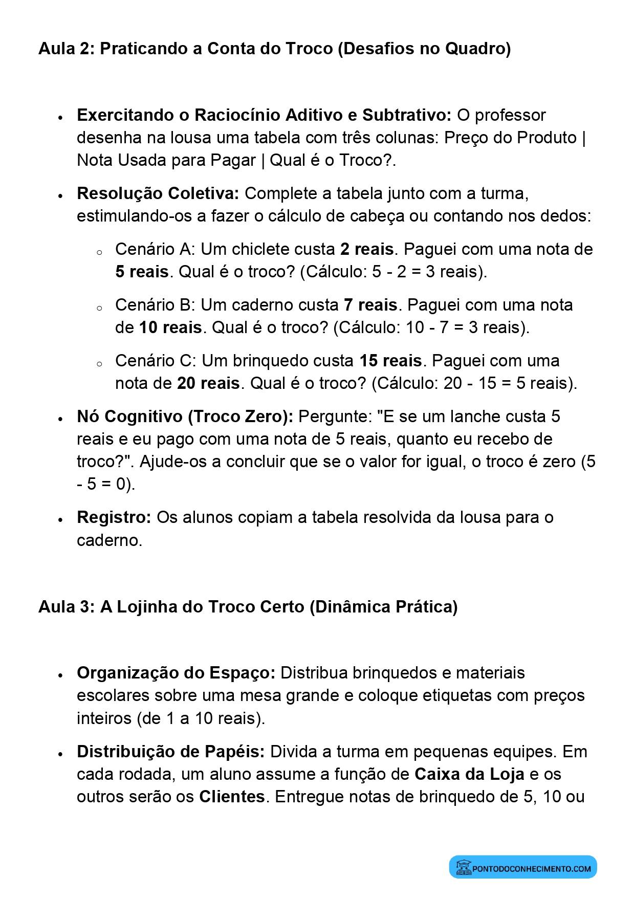Plano de Aula Completo de Matemática 2º Ano Troco Situações Simples