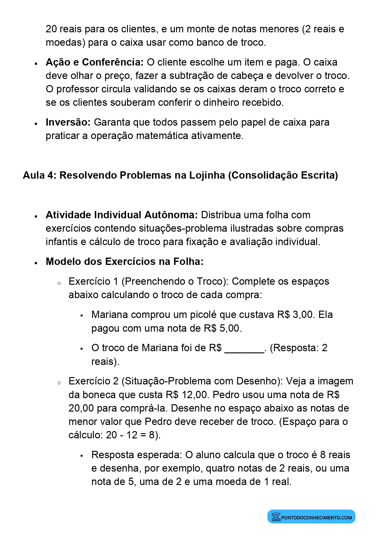 Plano de Aula BNCC Matemática 2º Ano Troco Situações Simples