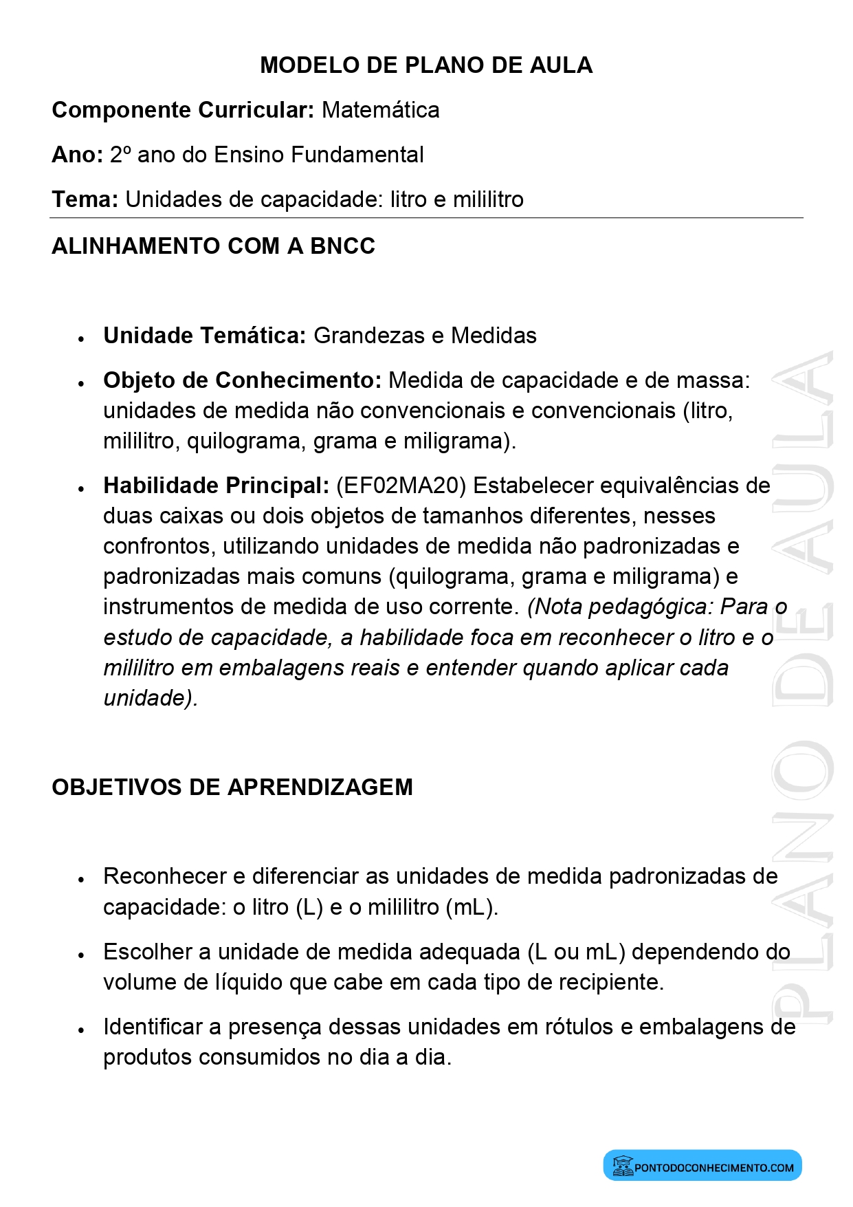 Modelo de Plano de Aula de Matemática para o 2º Ano do Ensino Fundamental sobre Unidades de Capacidade Litro e Mililitro