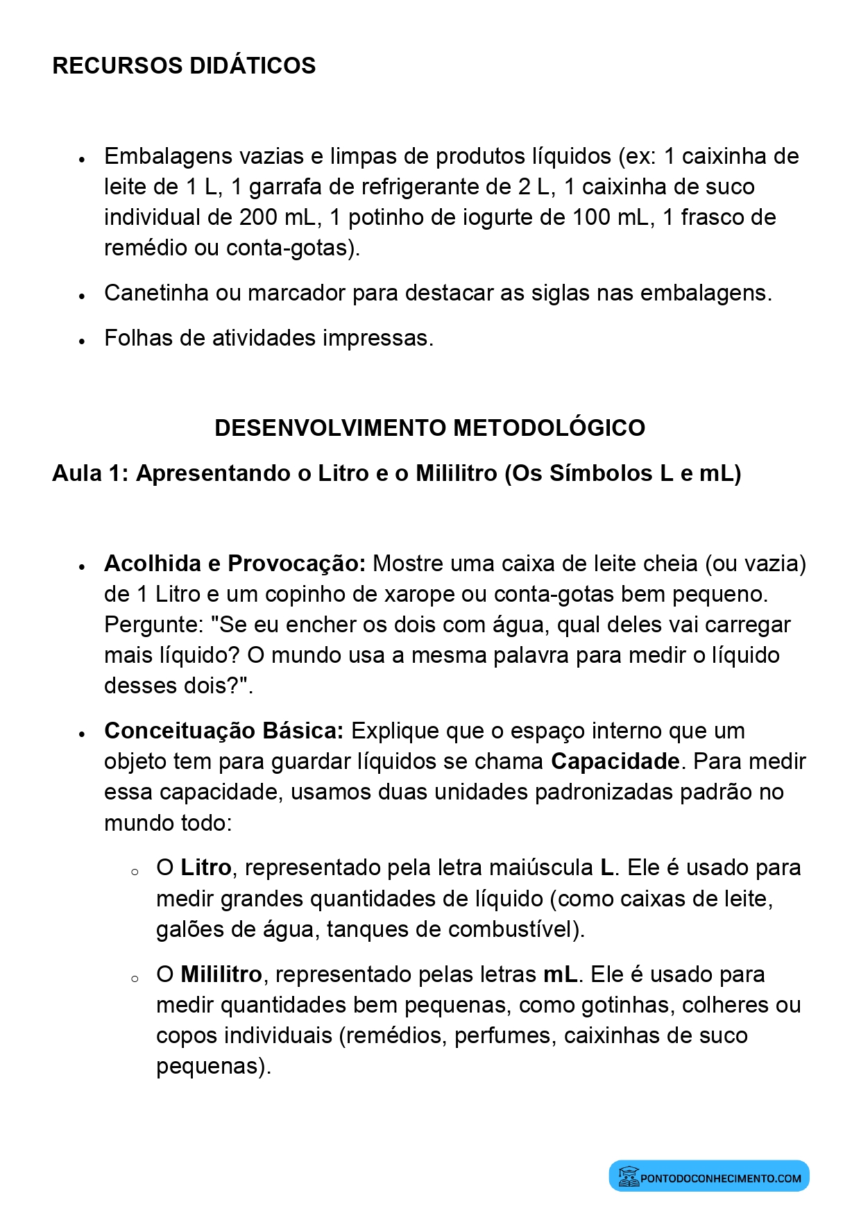 Plano de Aula Matemática 2º Ano Unidades de Capacidade Litro e Mililitro