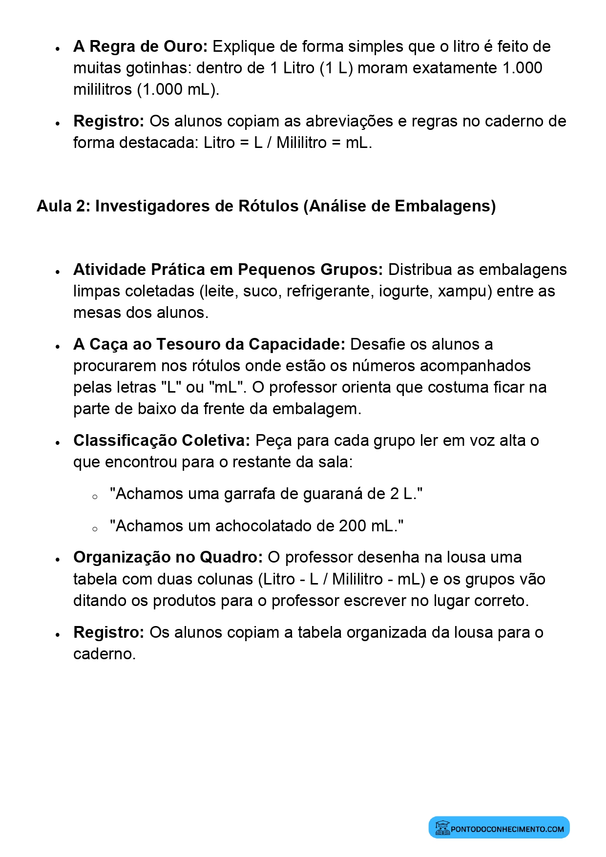 Plano de Aula Completo de Matemática 2º Ano Unidades de Capacidade Litro e Mililitro