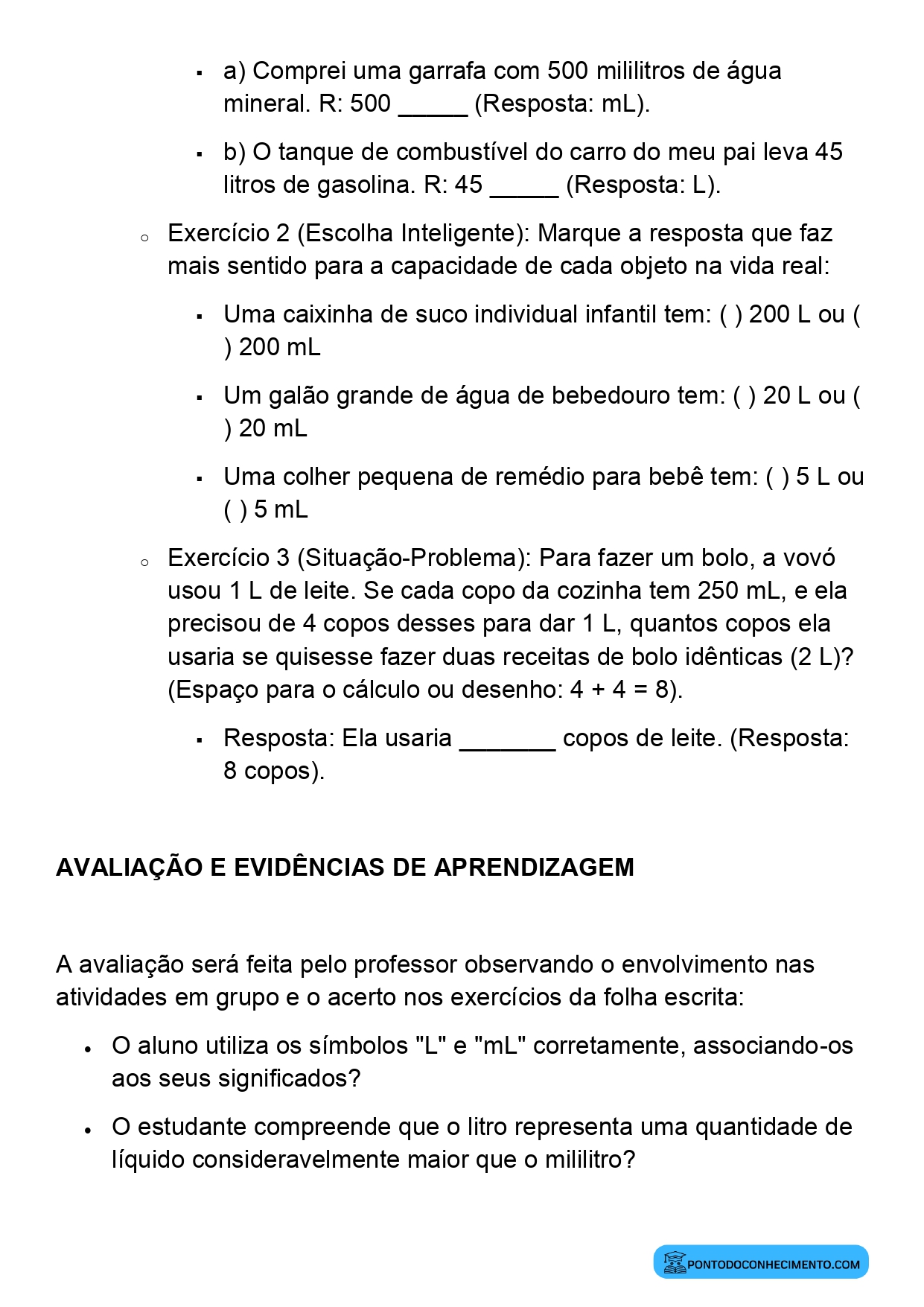 Plano de Aula Alinhado à BNCC Matemática 2º Ano Unidades de Capacidade Litro e Mililitro