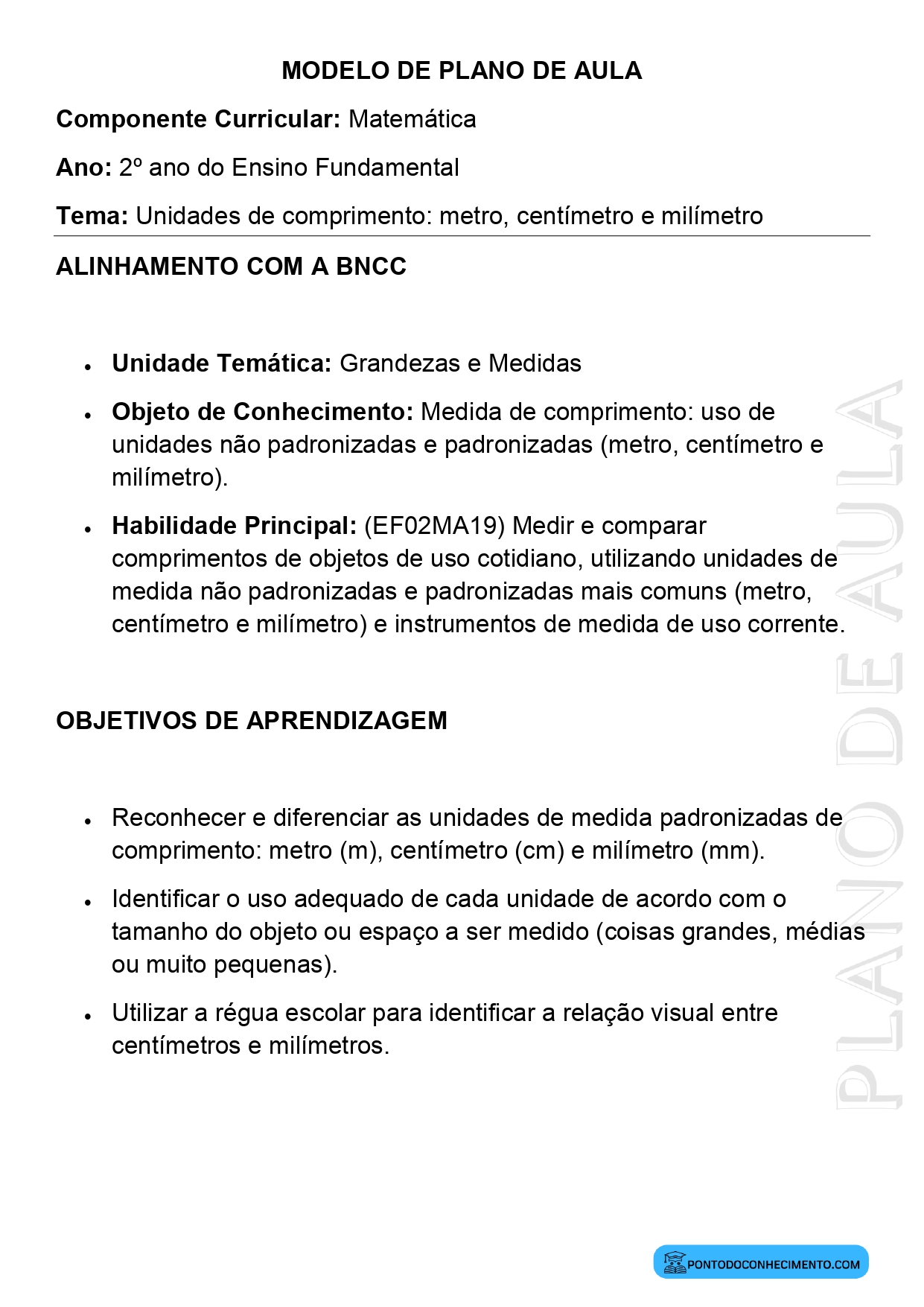 Modelo de Plano de Aula de Matemática para o 2º Ano do Ensino Fundamental sobre Unidades de Comprimento Metro Centímetro e Milímetro