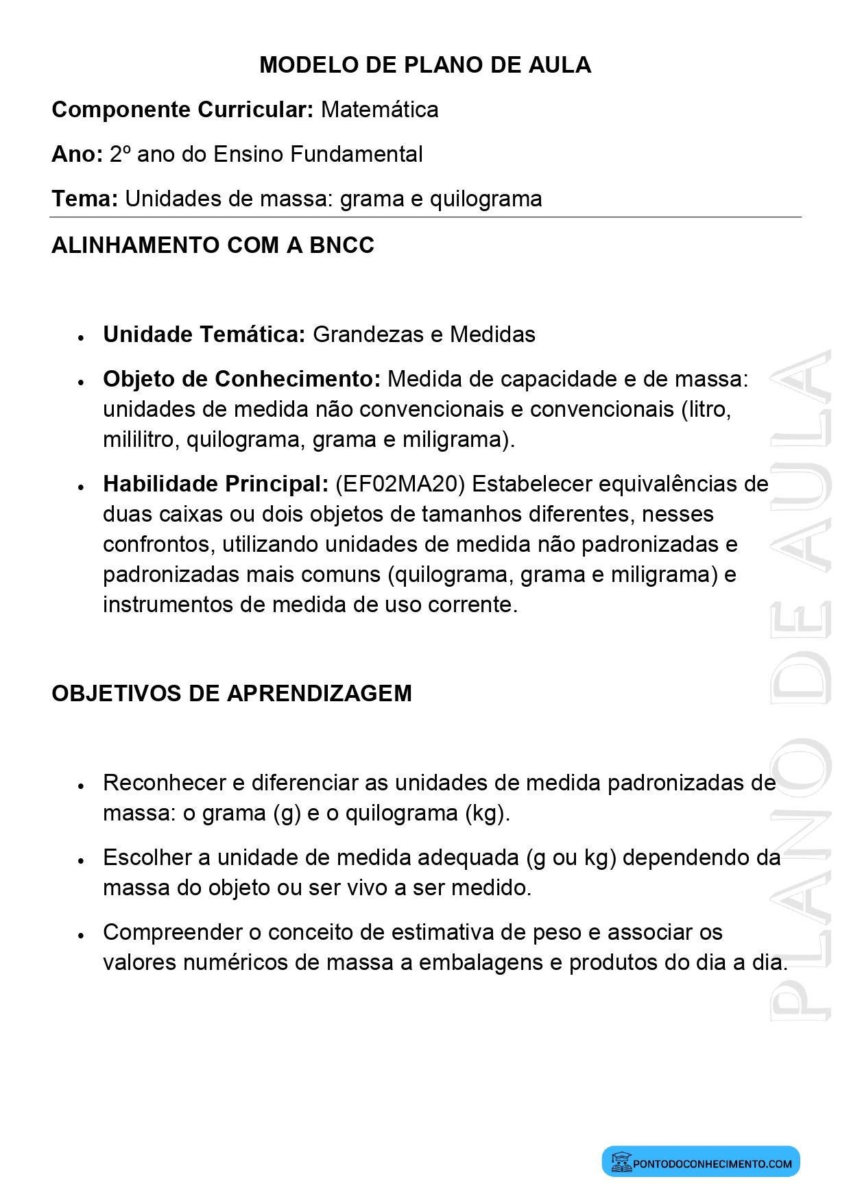 Modelo de Plano de Aula de Matemática para o 2º Ano do Ensino Fundamental sobre Unidades de Massa Grama e Quilograma