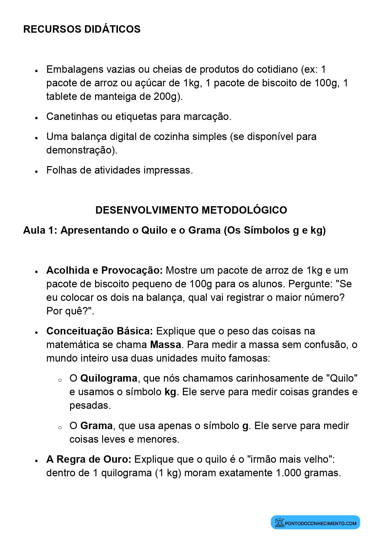 Plano de Aula Matemática 2º Ano Unidades de Massa Grama e Quilograma