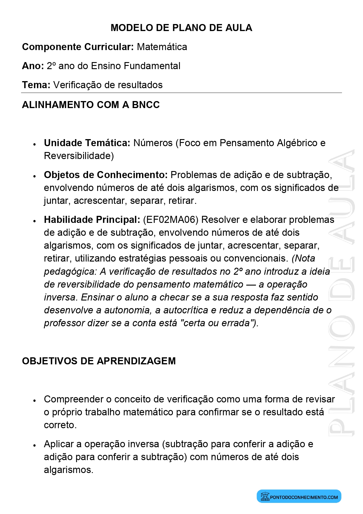 Modelo de Plano de Aula de Matemática para o 2º Ano do Ensino Fundamental sobre Verificação de Resultados