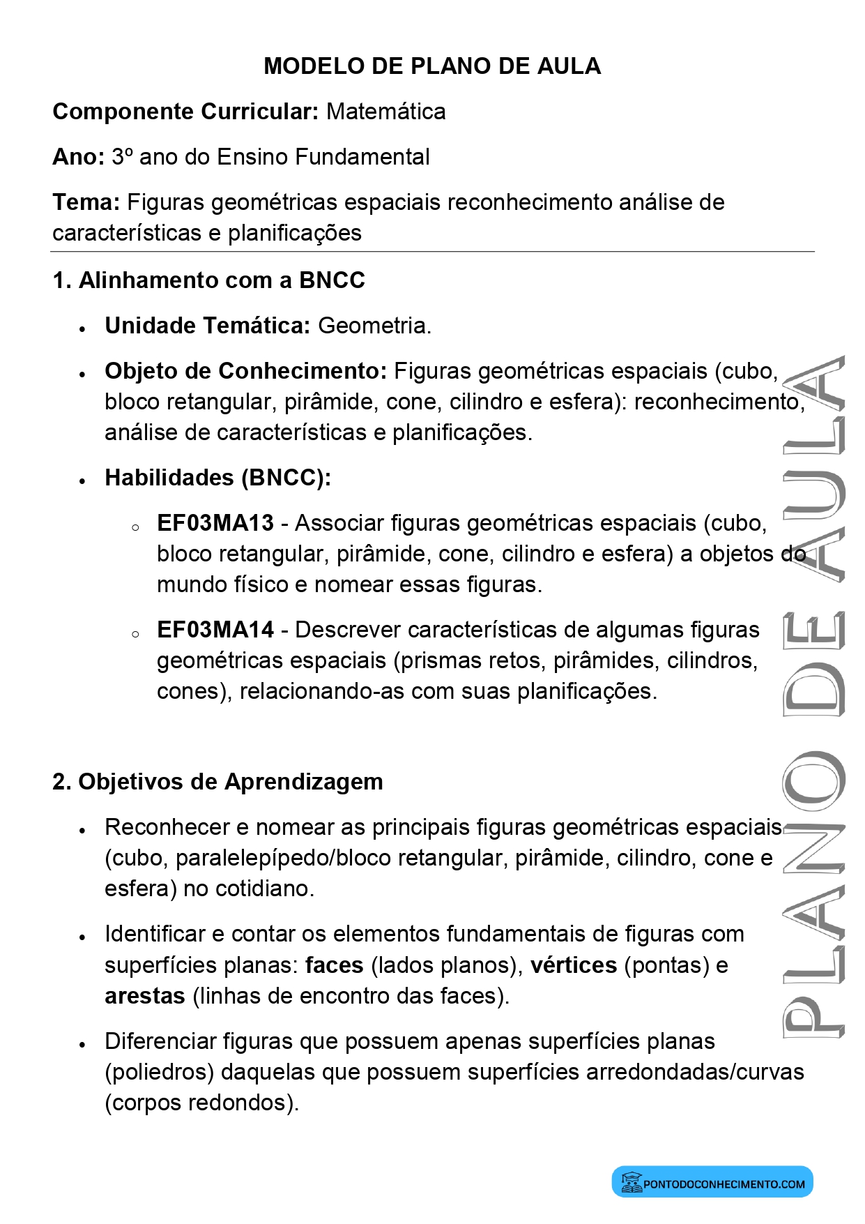Modelo de plano de aula de Matemática para o 3º ano do Ensino Fundamental sobre reconhecimento de figuras geométricas espaciais