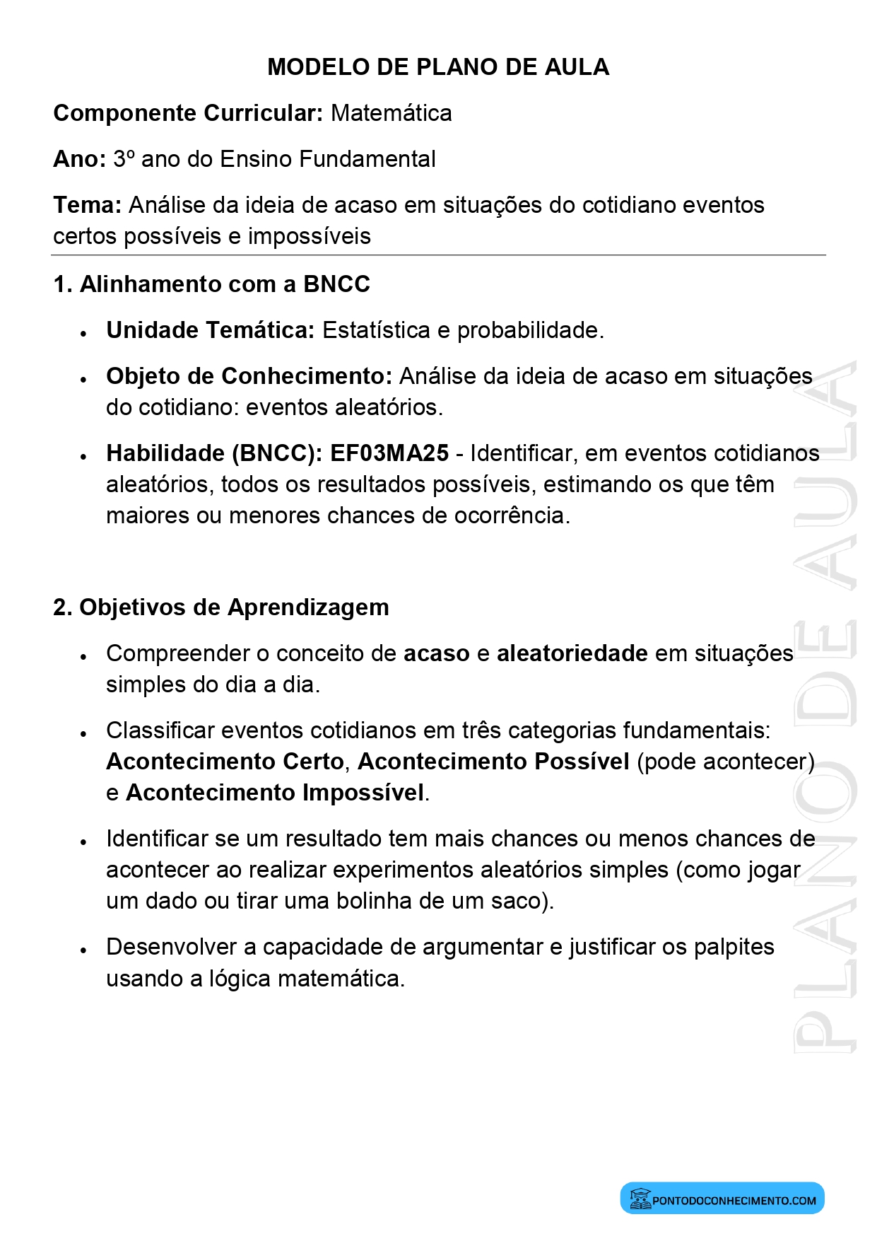 Modelo de plano de aula de Matemática para o 3º ano do Ensino Fundamental sobre análise da ideia de acaso em situações do cotidiano