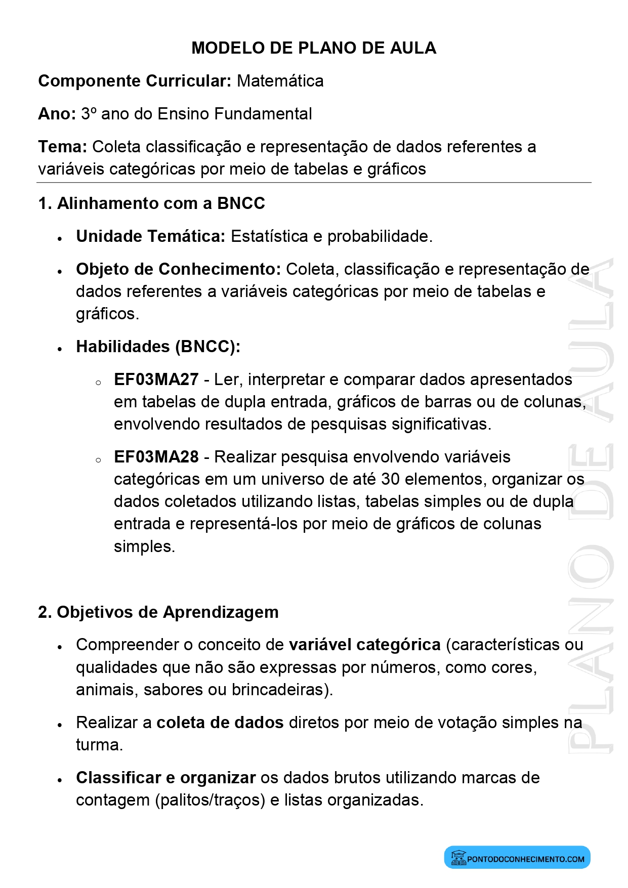 Modelo de plano de aula de Matemática para o 3º ano do Ensino Fundamental sobre Coleta classificação e representação de dados referentes a variáveis categóricas por meio de tabelas e gráficos