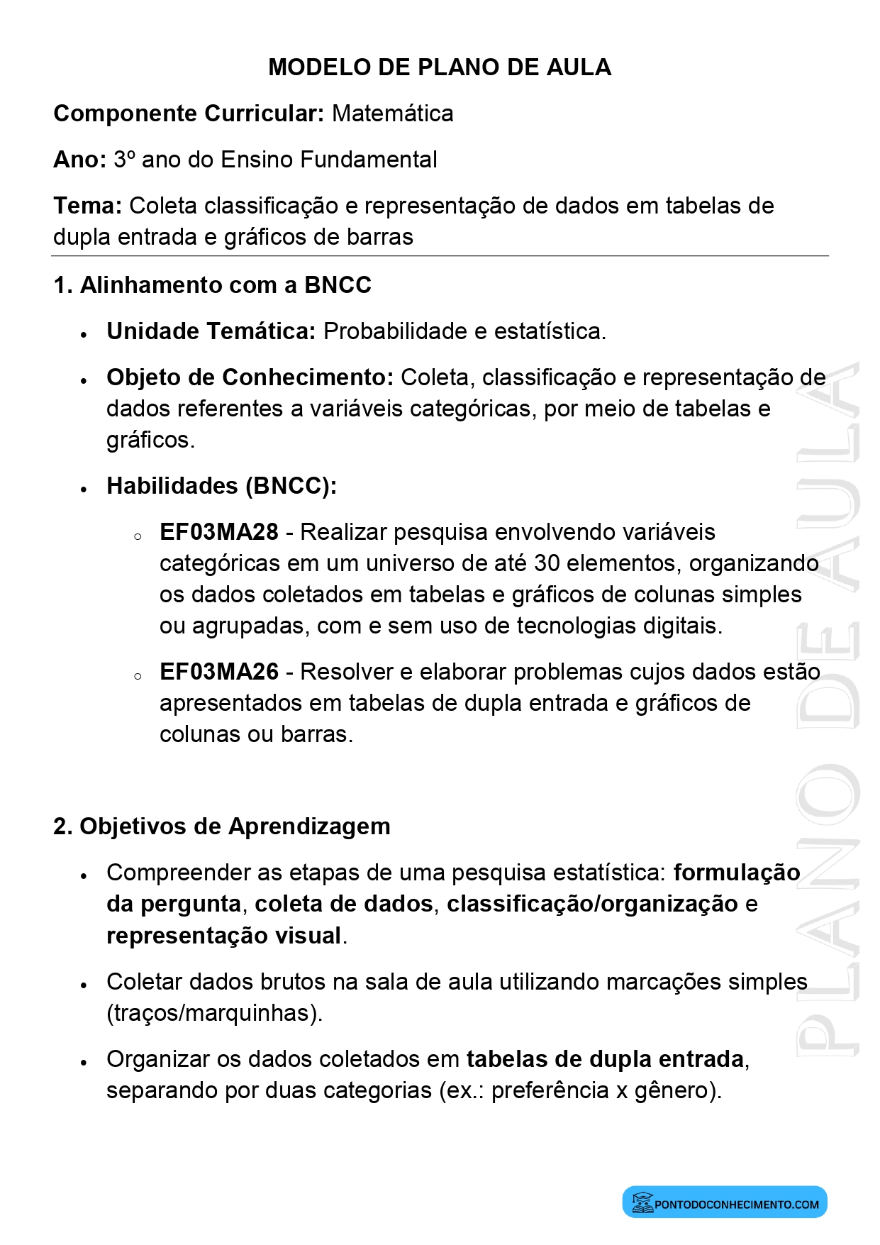 Modelo de plano de aula de Matemática para o 3º ano do Ensino Fundamental sobre coleta classificação e representação de dados em tabelas de dupla entrada e gráficos de barras