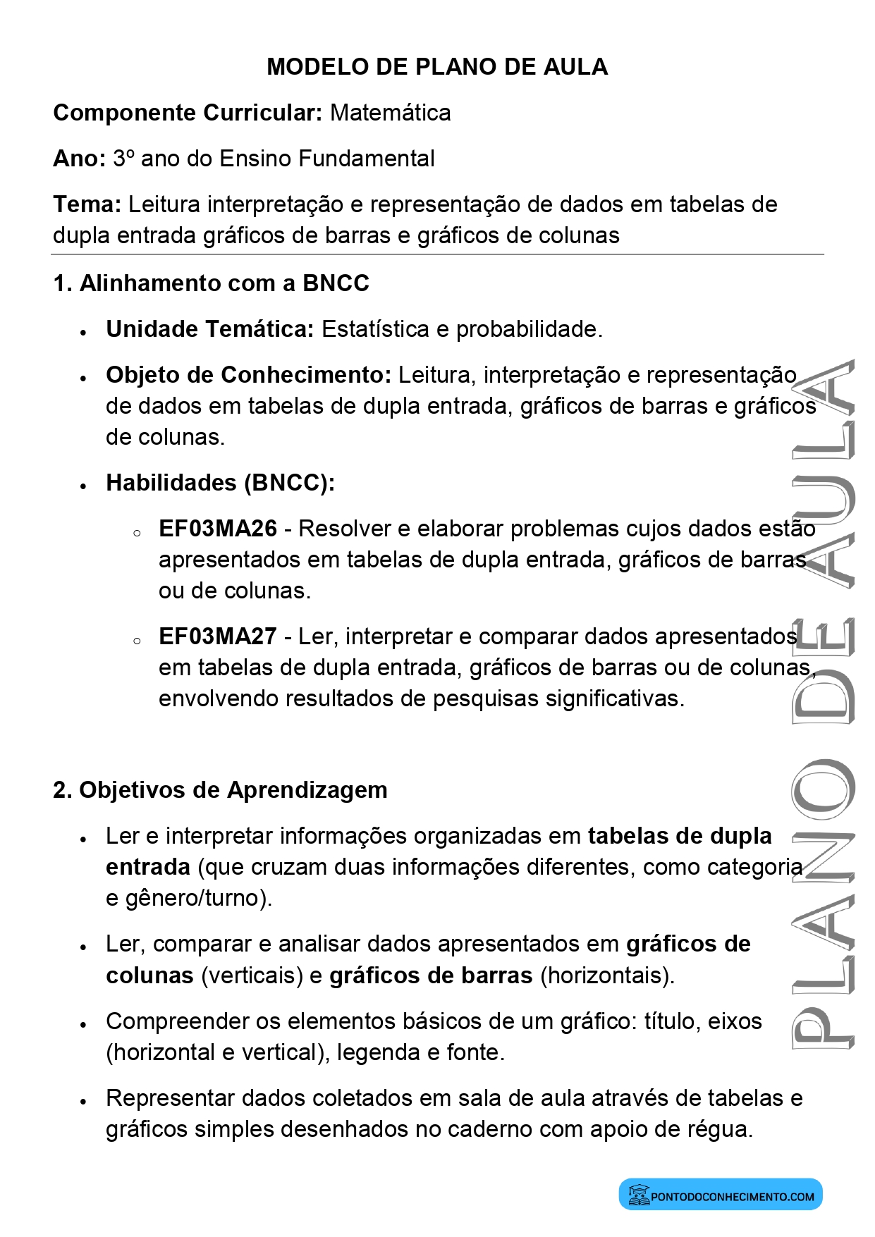 Modelo de plano de aula de Matemática para o 3º ano do Ensino Fundamental sobre leitura interpretação e representação de dados em tabelas de dupla entrada gráficos de barras e gráficos de colunas