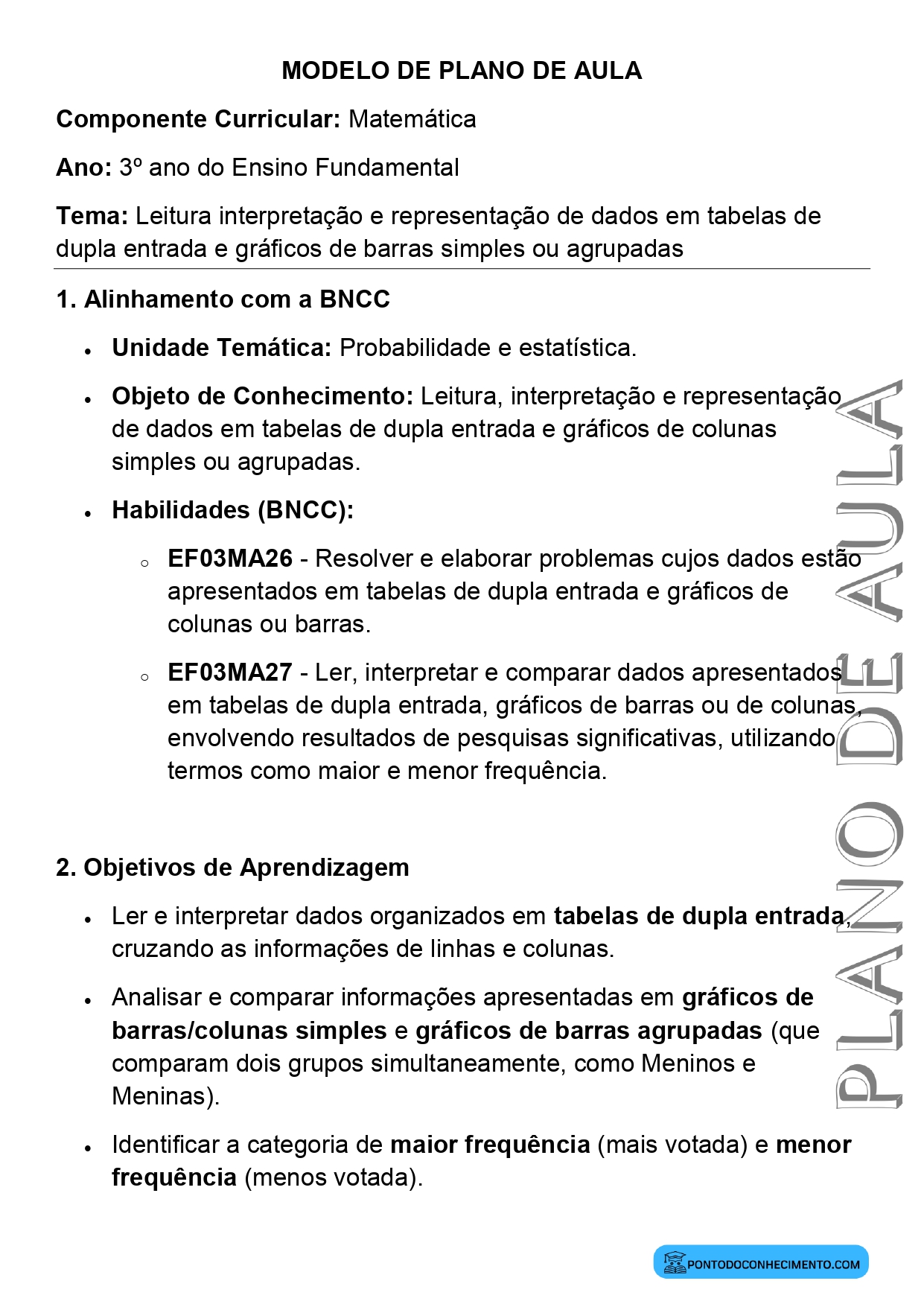 Modelo de plano de aula de Matemática para o 3º ano do Ensino Fundamental sobre leitura interpretação e representação de dados em tabelas de dupla entrada e gráficos de barras simples ou agrupadas