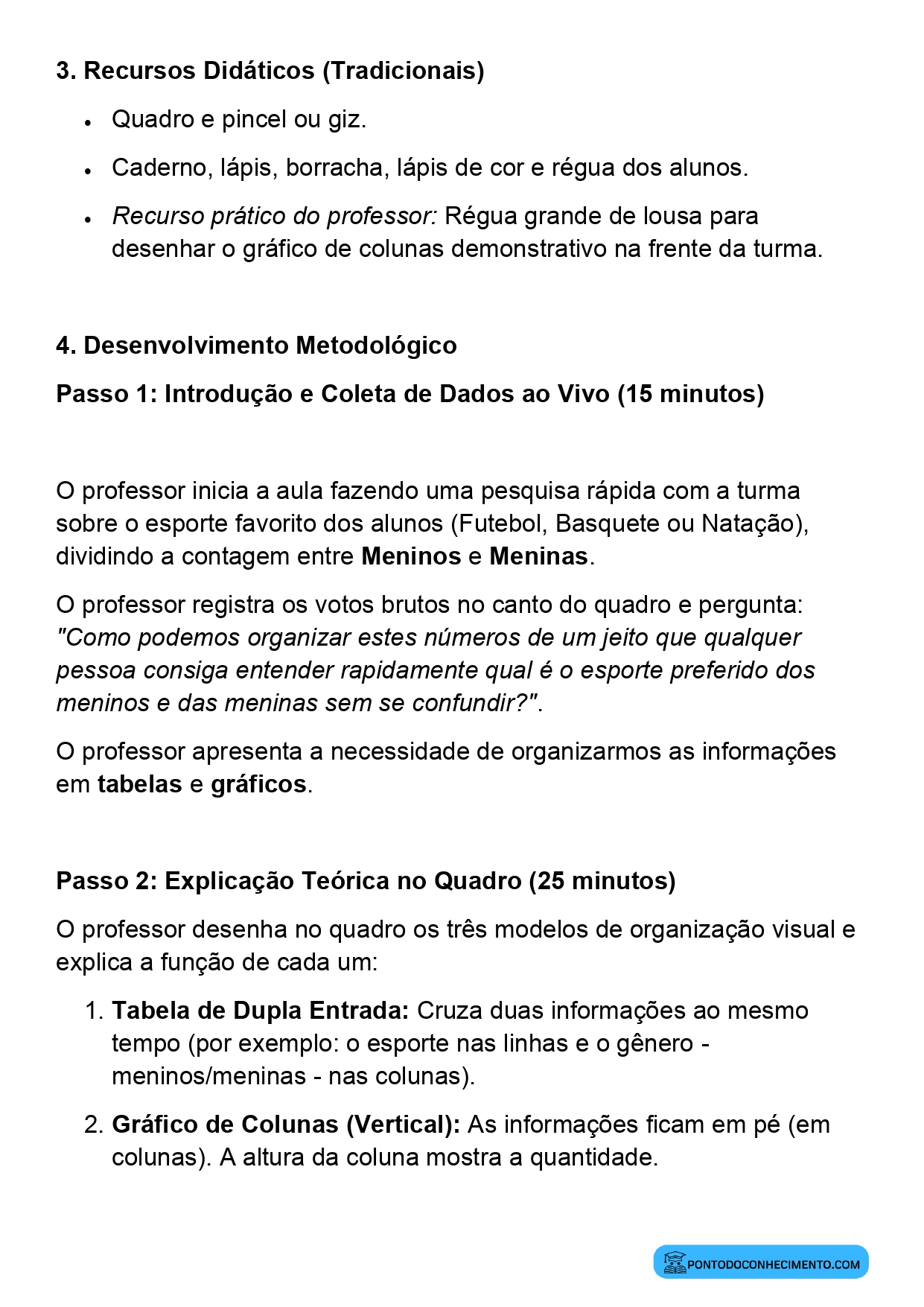 Plano de aula sobre tabelas de dupla entrada e gráficos de barras