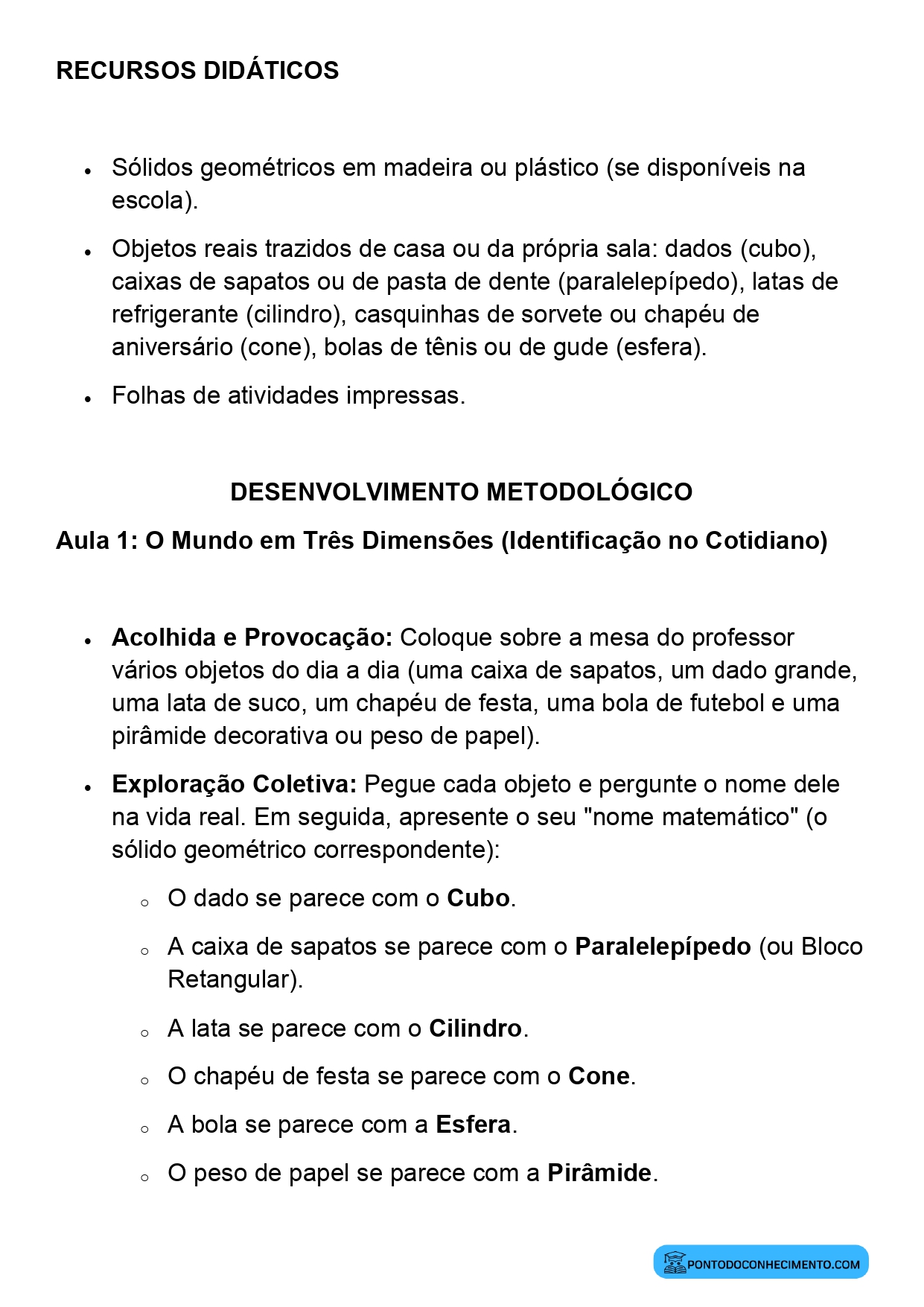 Plano de Aula Matemática 2º Ano Figuras Geométricas Espaciais