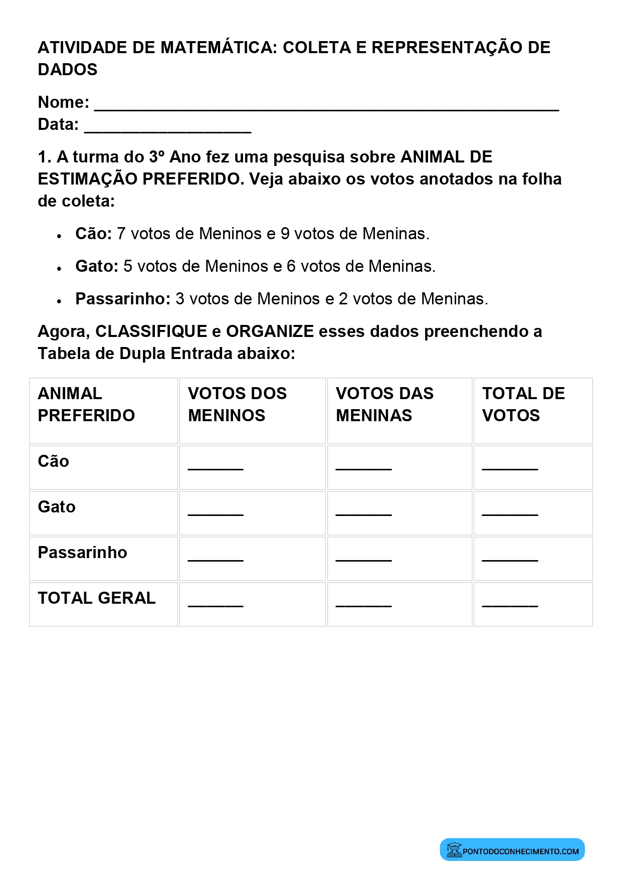 Plano de aula de Matemática sobre coleta e classificação de dados
