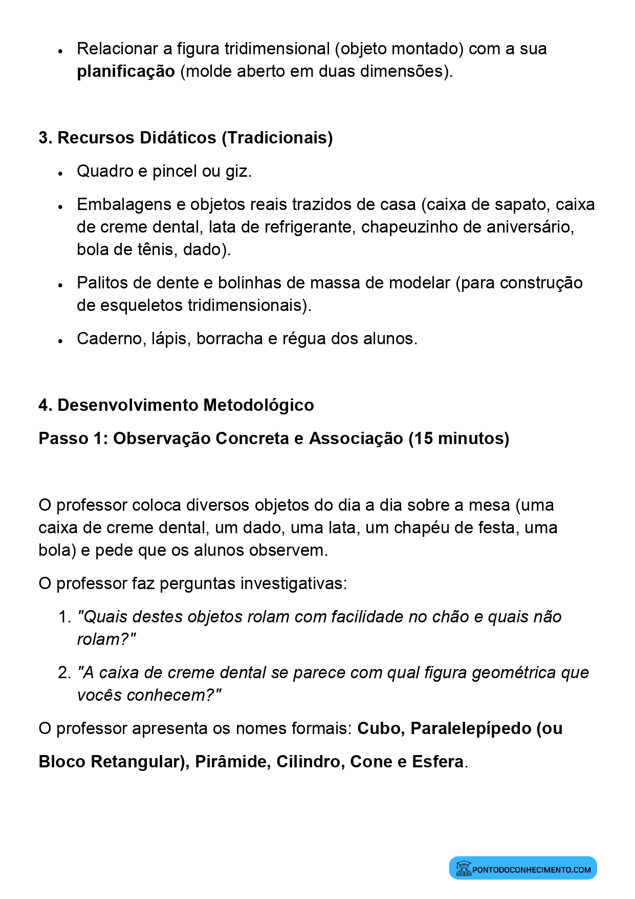 Plano de aula sobre identificação de formas geométricas espaciais
