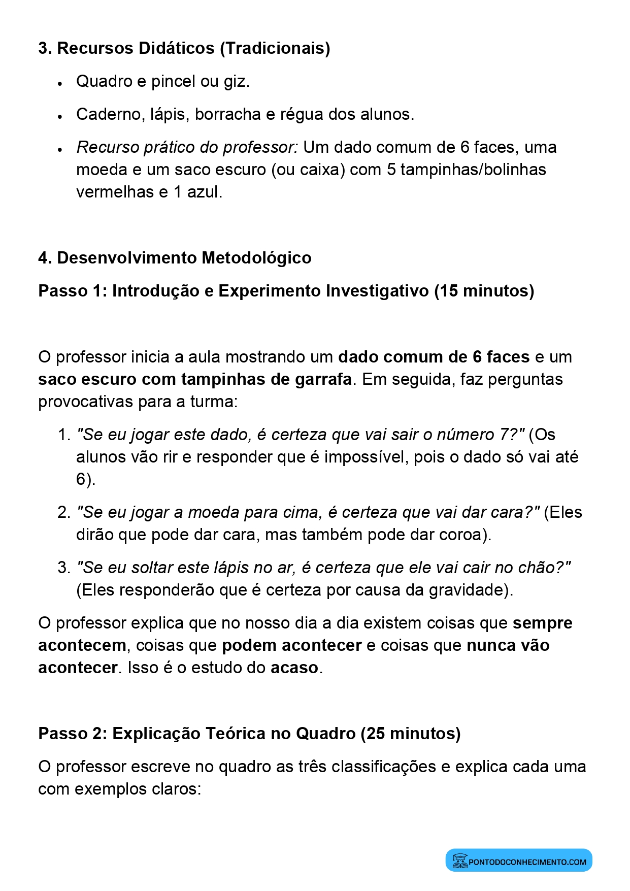 Plano de aula sobre eventos certos possíveis e impossíveis no 3º ano