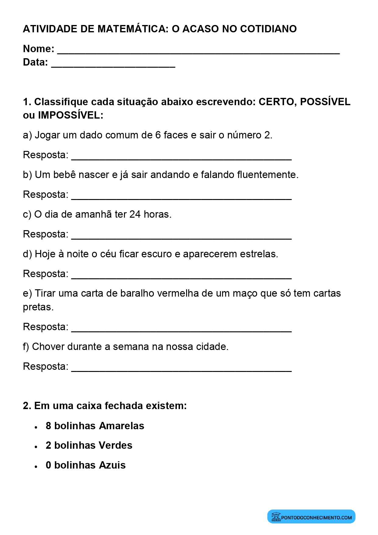 Plano de aula de Matemática sobre eventos certos para o 3º ano