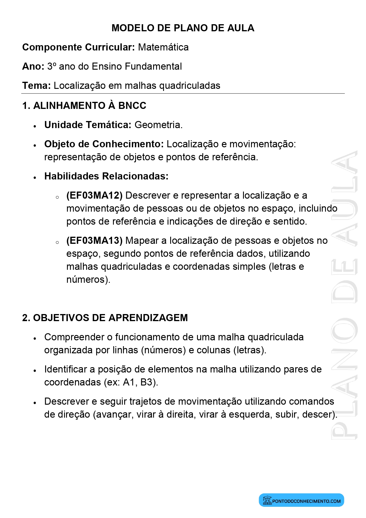 Plano de aula sobre localização de objetos em malhas quadriculadas