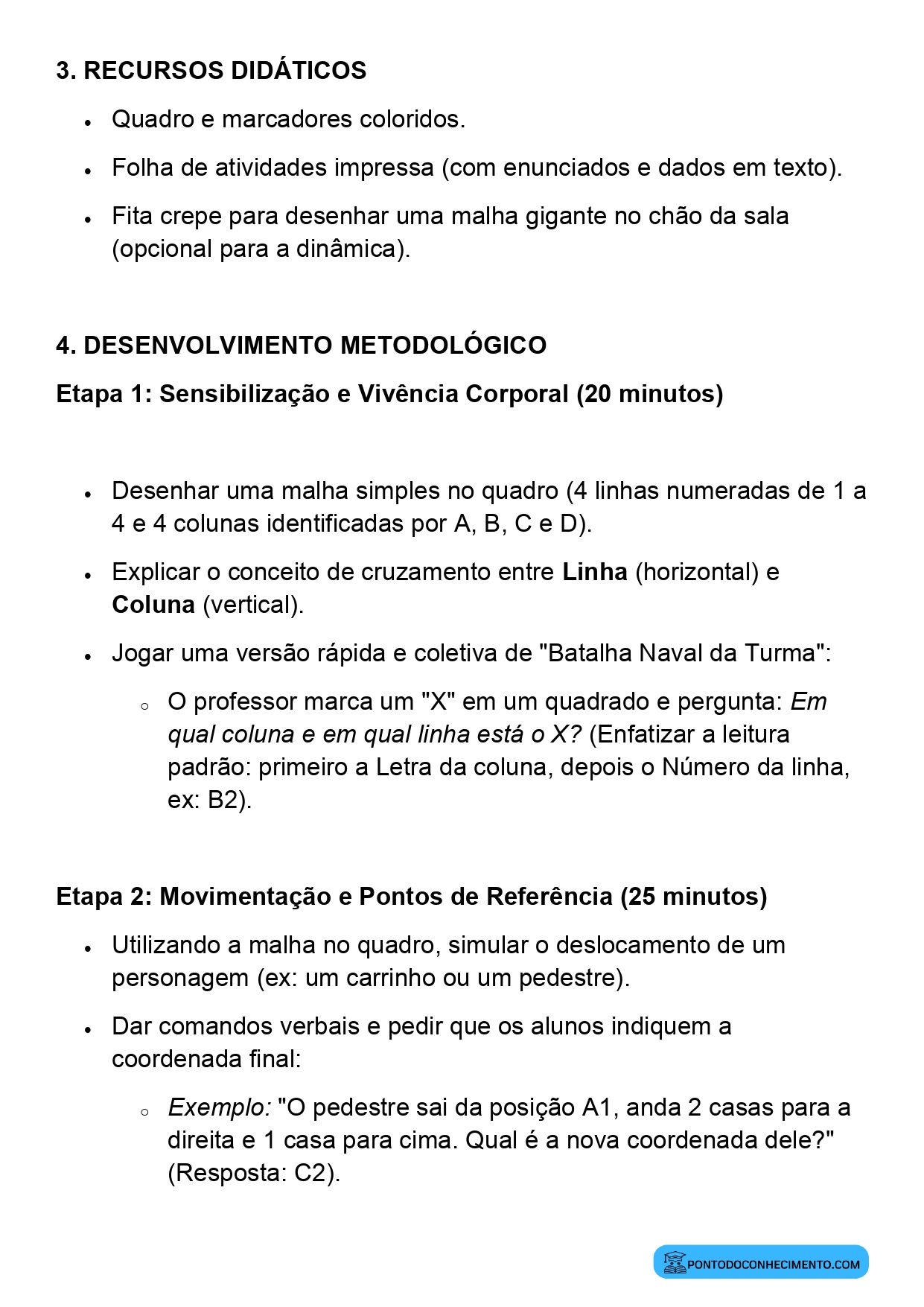 Plano de aula de Matemática sobre orientação espacial em malhas quadriculadas
