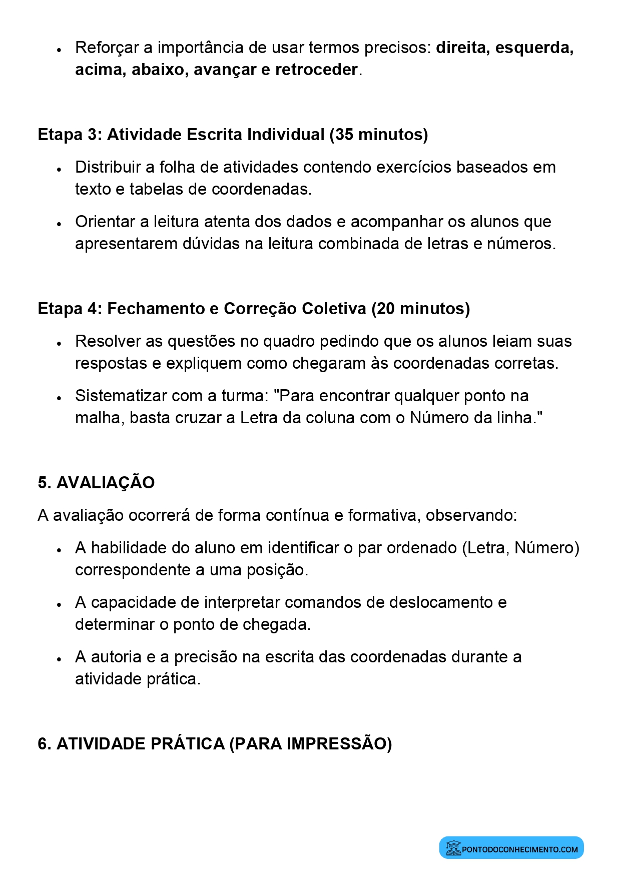 Plano de aula sobre identificação de posições em malhas quadriculadas