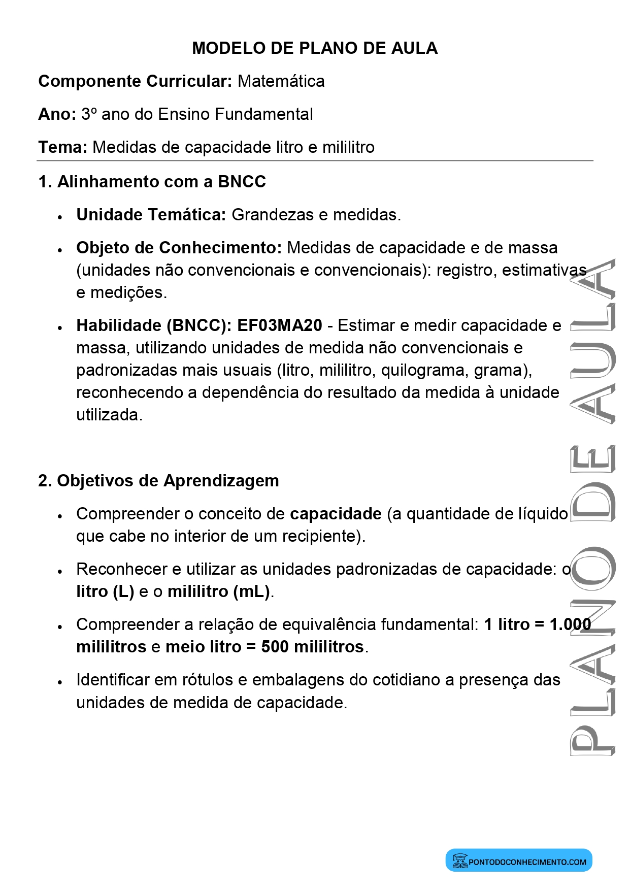 Modelo de plano de aula de Matemática para o 3º ano do Ensino Fundamental sobre medidas de capacidade litro e mililitro