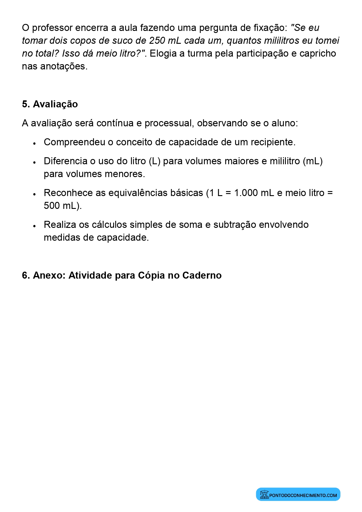 Plano de aula sobre capacidade de recipientes