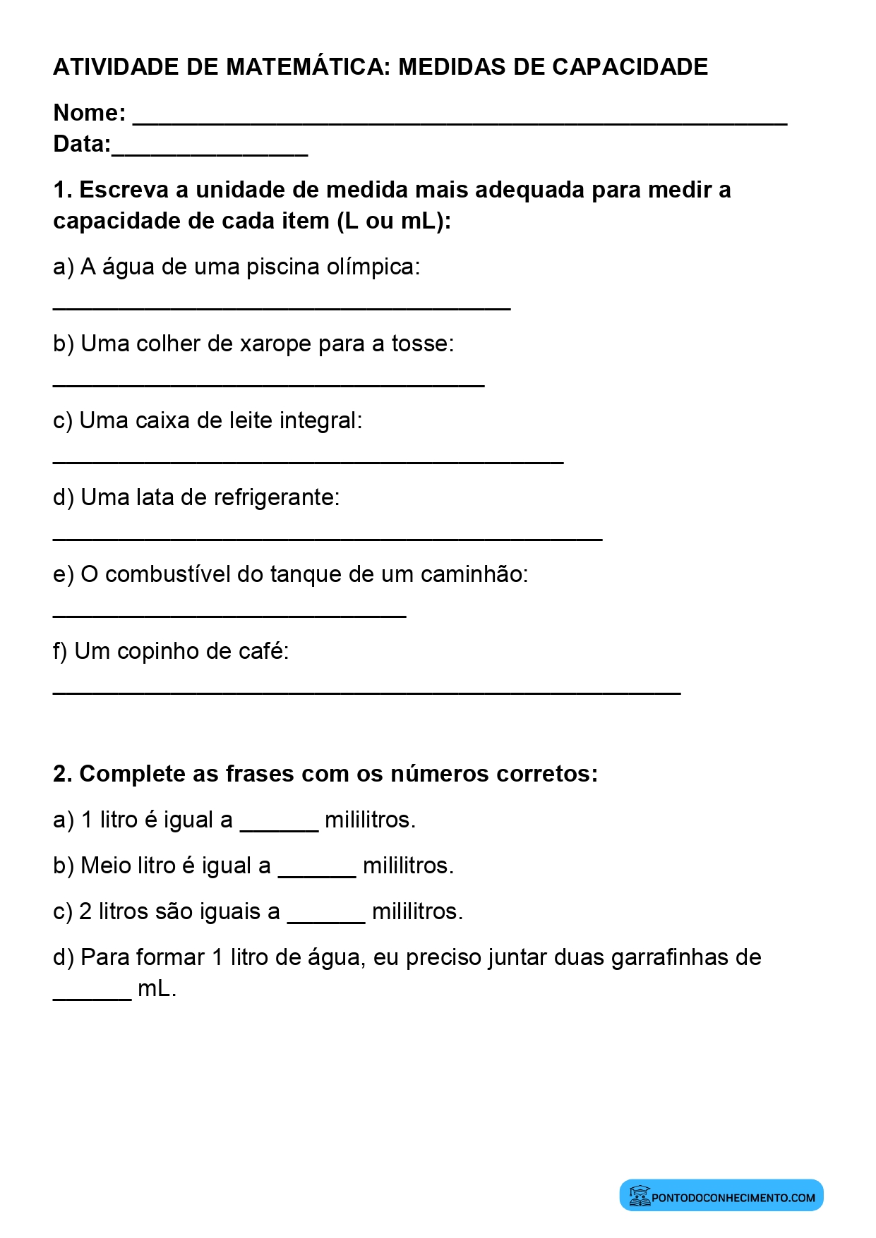 Plano de aula sobre identificação de litro e mililitro