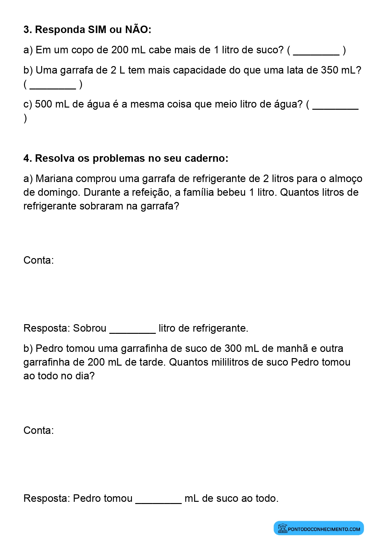 Plano de aula de Matemática sobre relação entre litro e mililitro