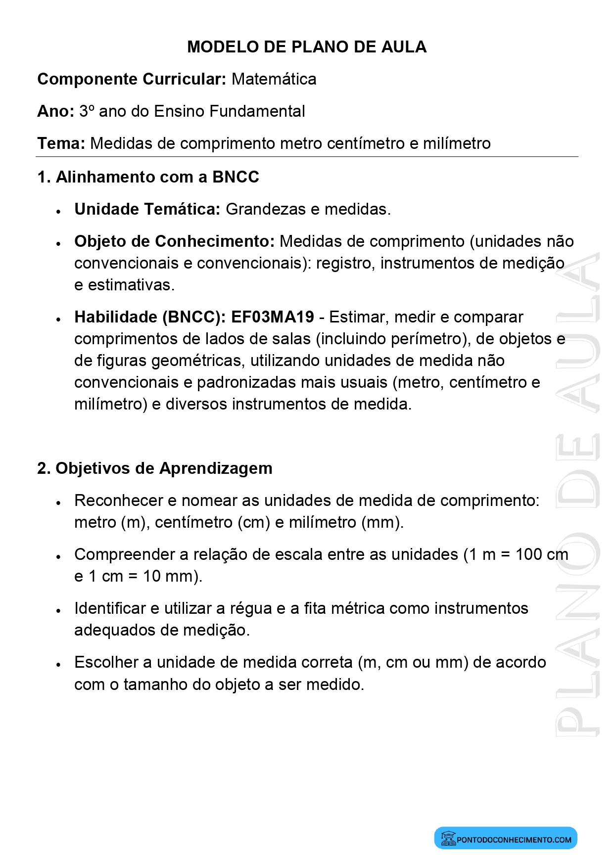 Plano de aula sobre metro centímetro e milímetro