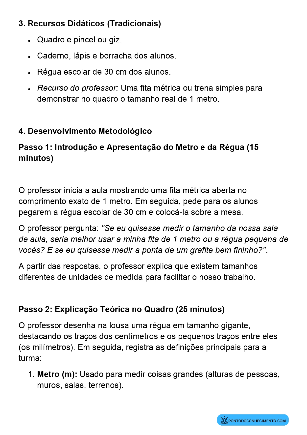 Plano de aula de Matemática sobre unidades de medida de comprimento