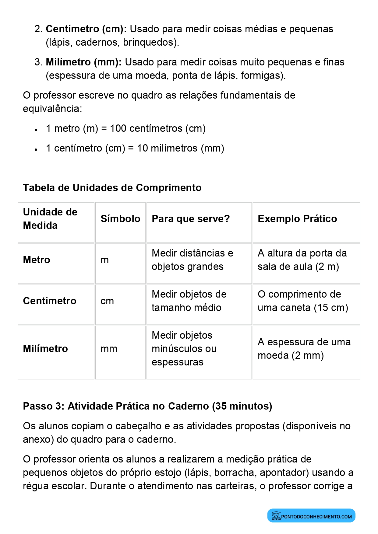Plano de aula sobre comprimento utilizando metro centímetro e milímetro