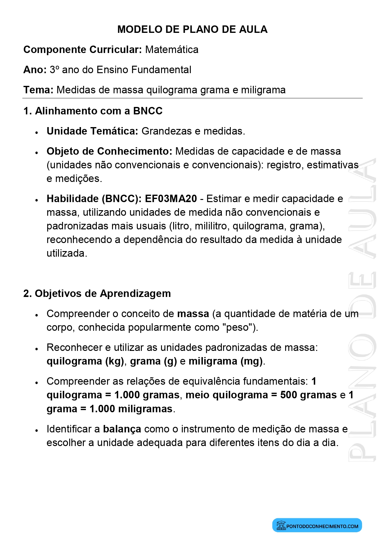Modelo de plano de aula de Matemática para o 3º ano do Ensino Fundamental sobre medidas de massa quilograma grama e miligrama