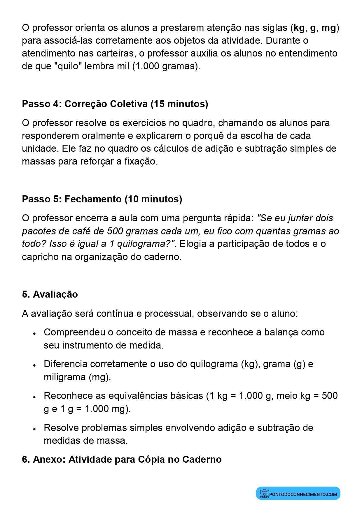 Plano de aula sobre medição de massa no cotidiano