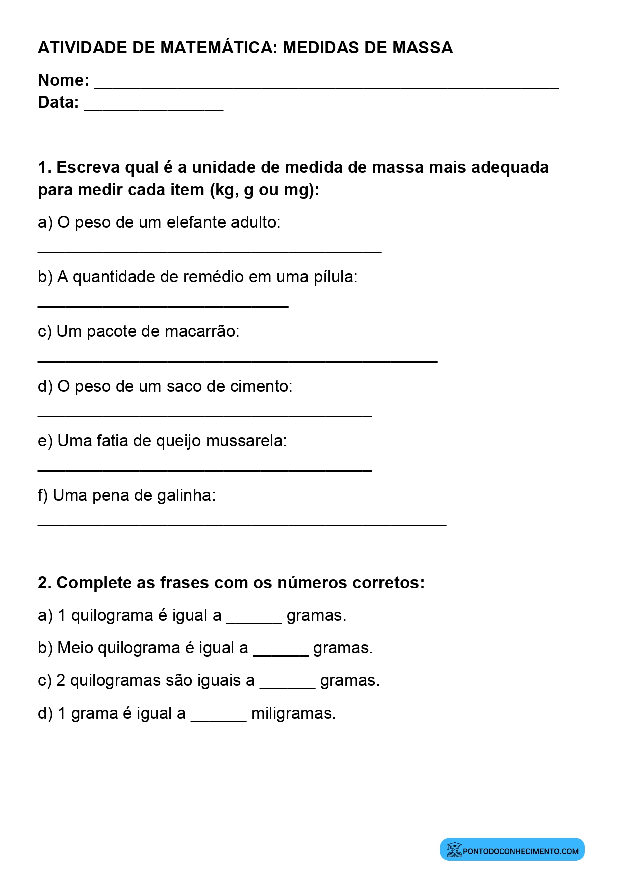 Plano de aula sobre identificação de unidades de massa