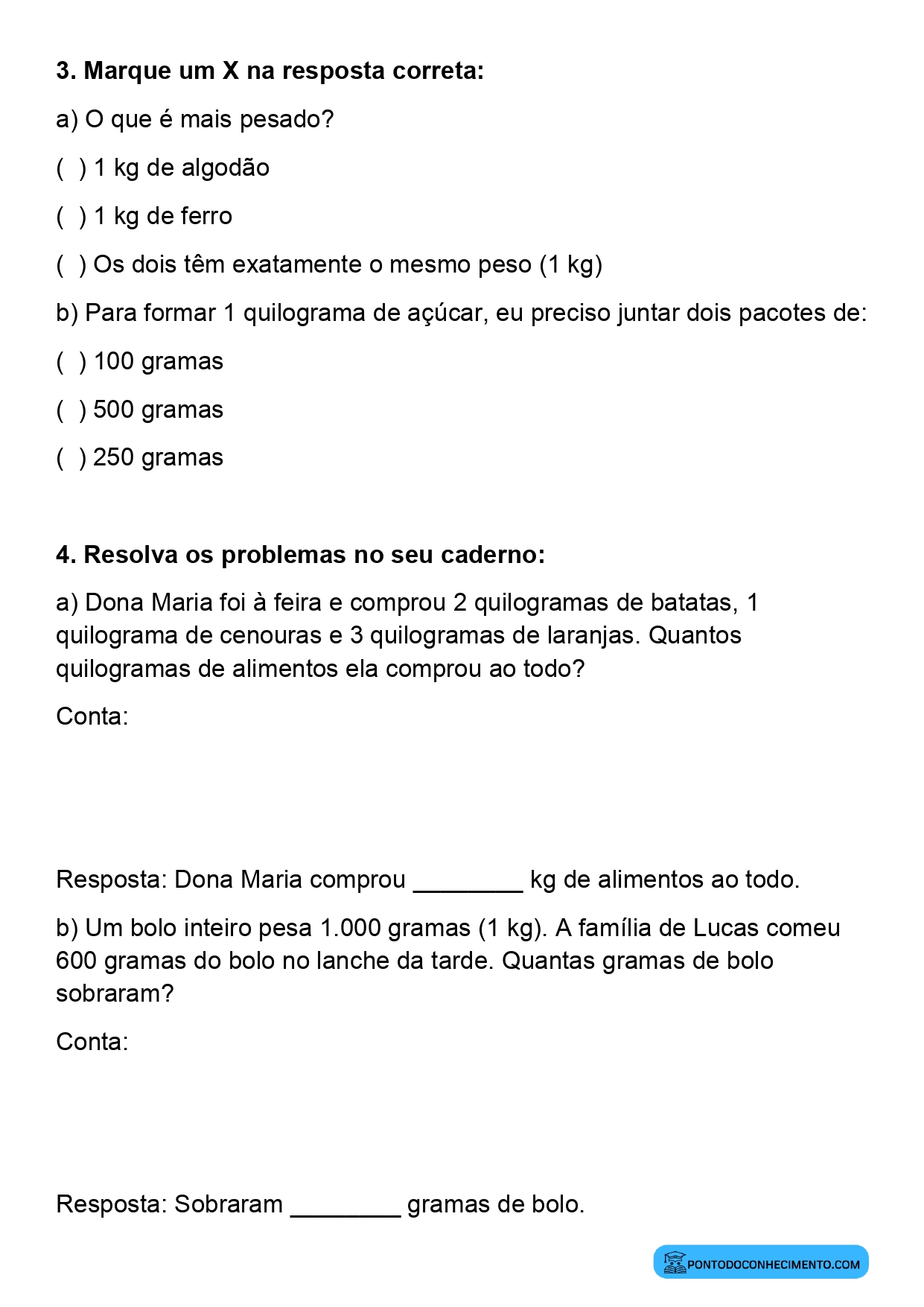 Plano de aula de Matemática sobre quilograma e grama