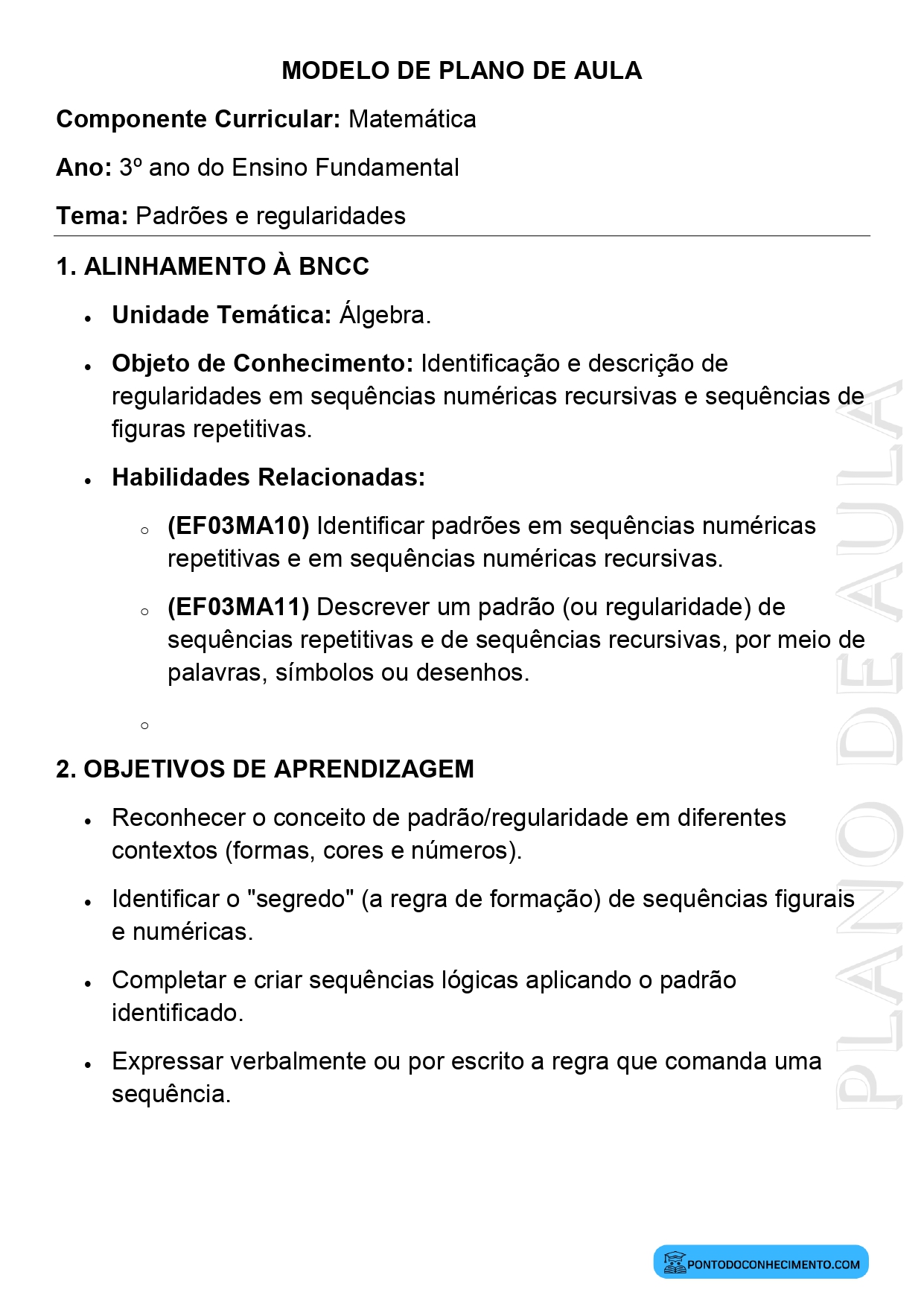 Plano de aula de Matemática para o 3º ano sobre padrões e regularidades