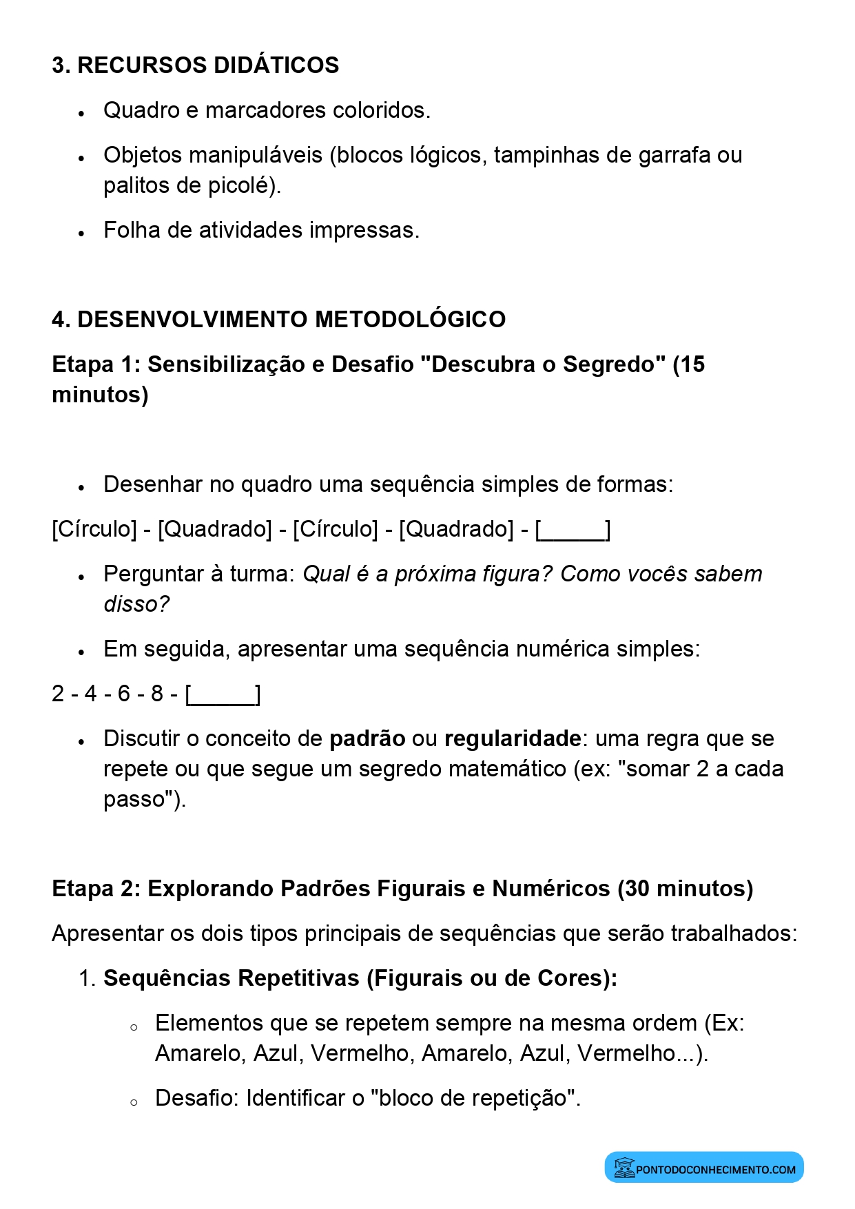 Plano de aula sobre identificação de padrões matemáticos