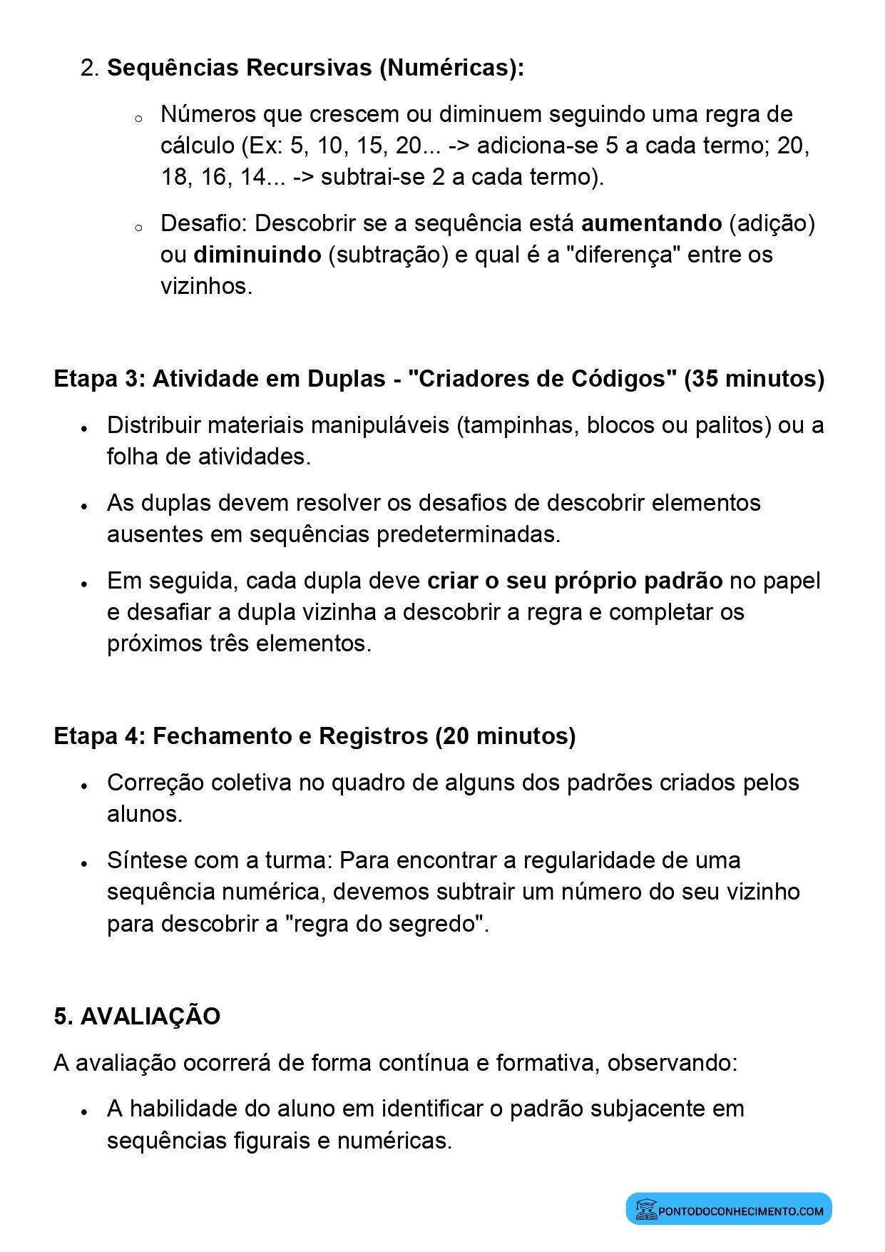 Plano de aula de Matemática sobre reconhecimento de regularidades