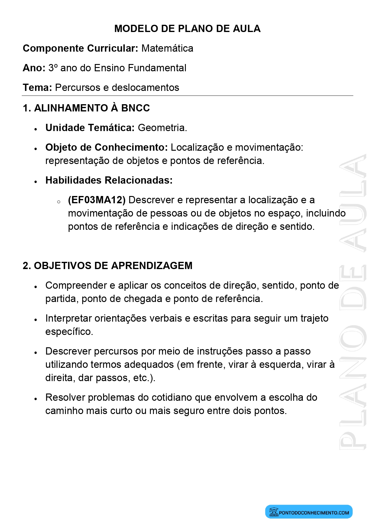 Modelo de plano de aula de Matemática para o 3º ano do Ensino Fundamental sobre percursos e deslocamentos