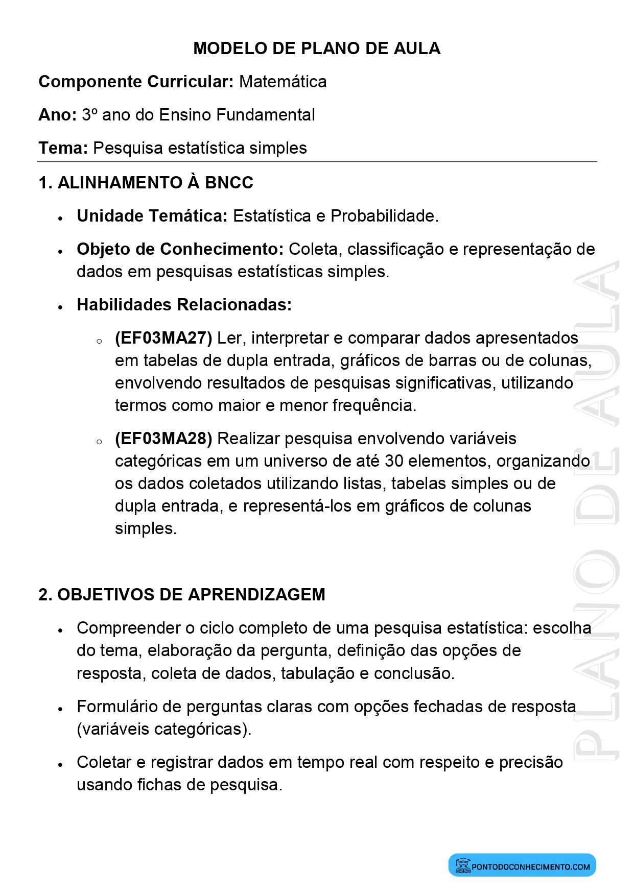 Modelo de plano de aula de Matemática para o 3º ano do Ensino Fundamental sobre pesquisa estatística simples
