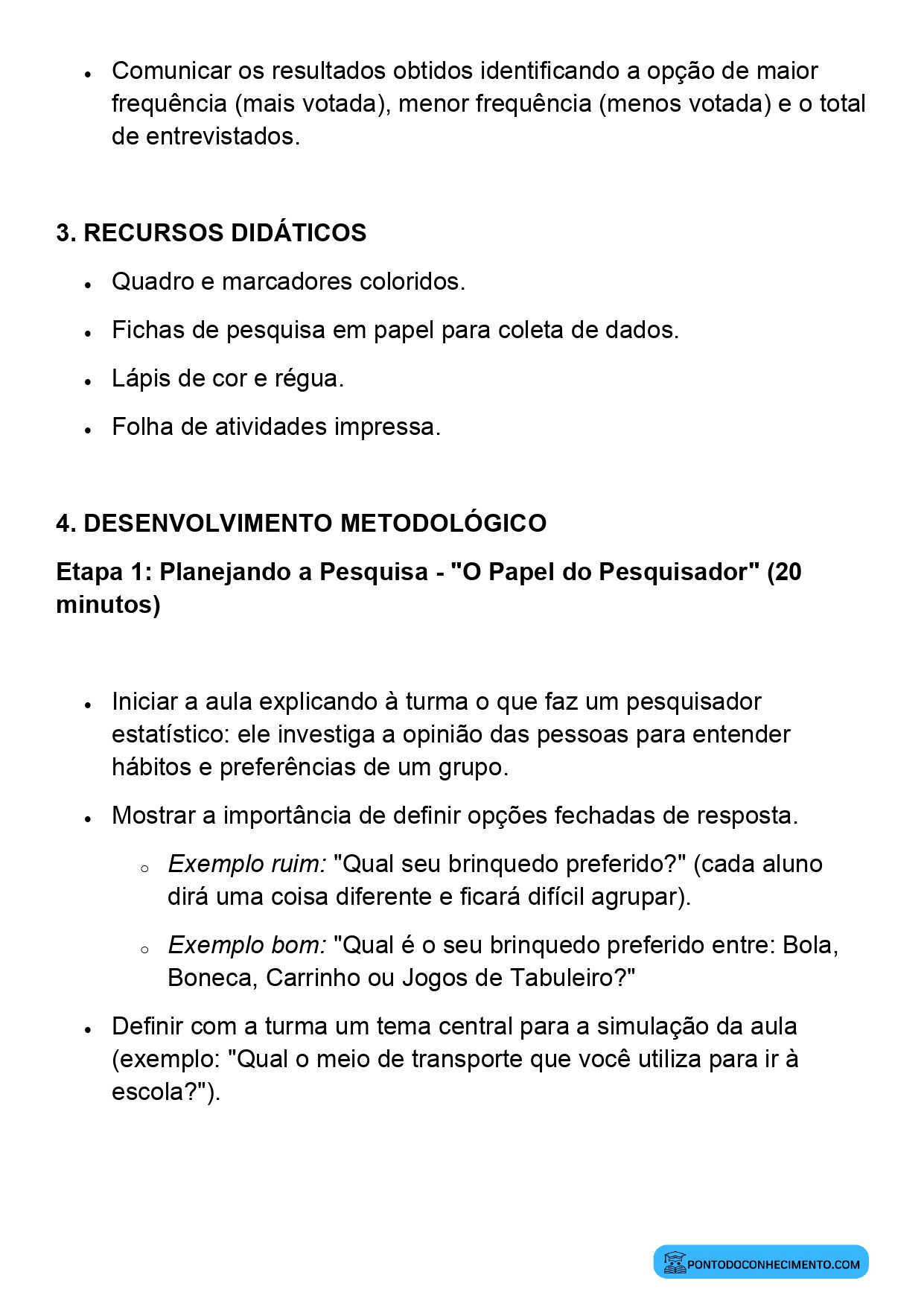 Plano de aula sobre pesquisa estatística simples