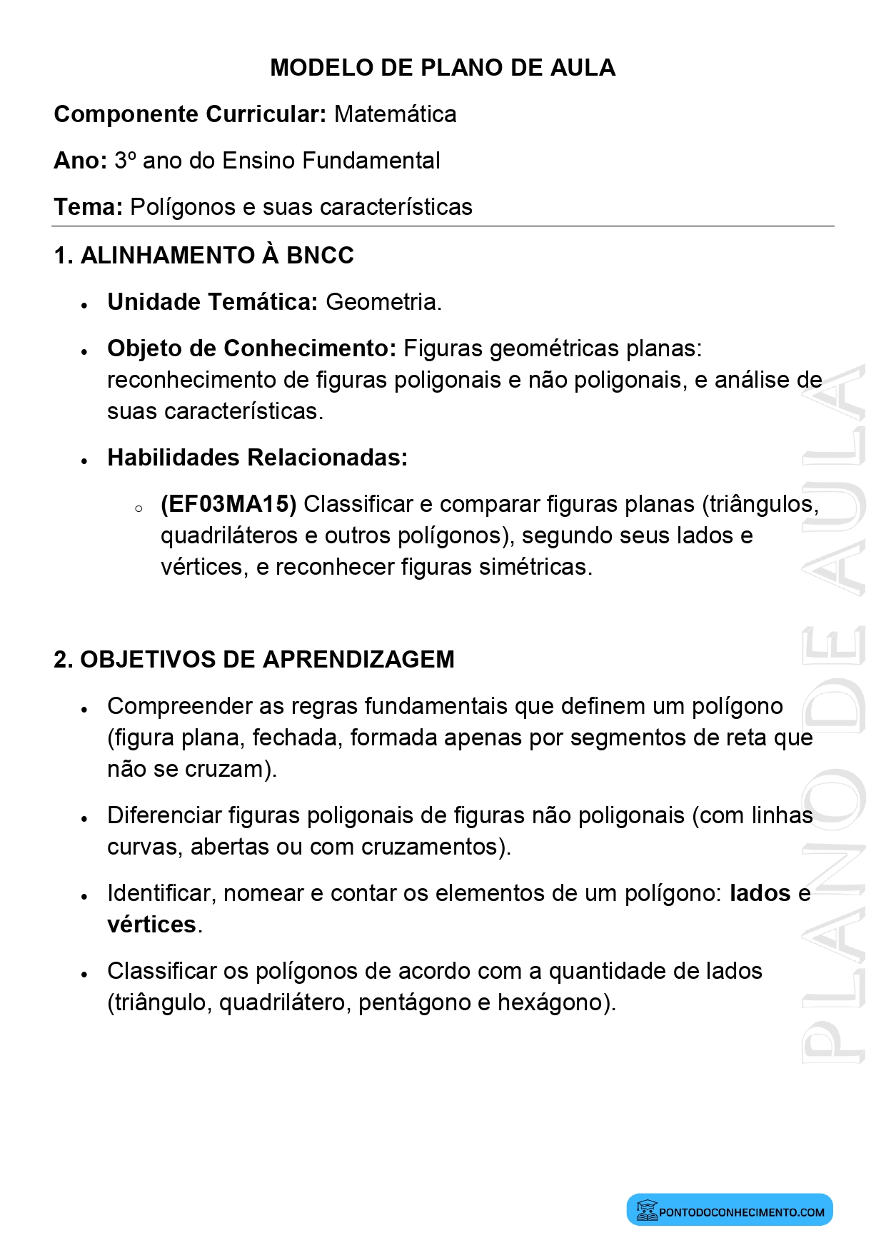 Modelo de plano de aula de Matemática para o 3º ano do Ensino Fundamental sobre polígonos e suas características