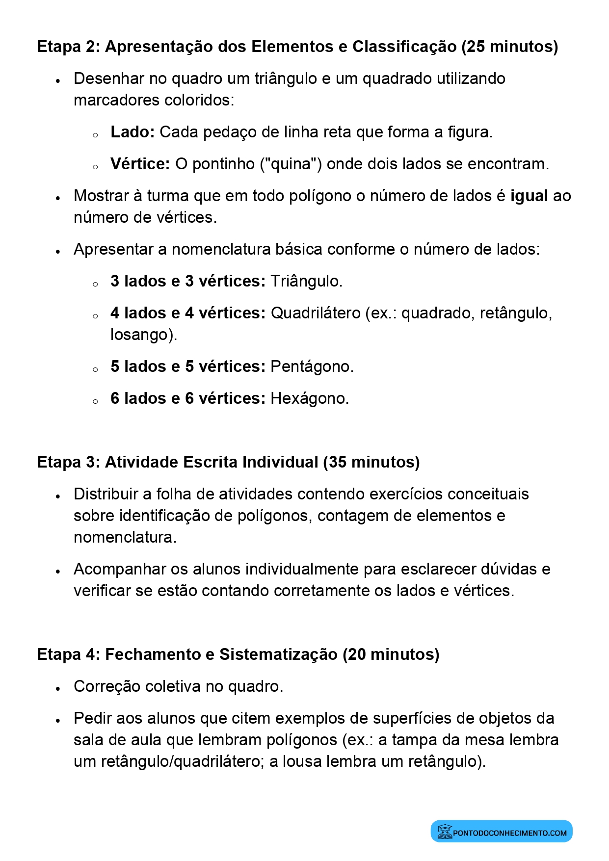 Plano de aula de Matemática sobre características dos polígonos