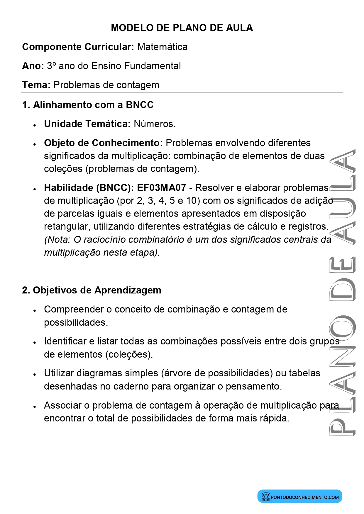 Plano de aula de Matemática para o 3º ano sobre problemas de contagem